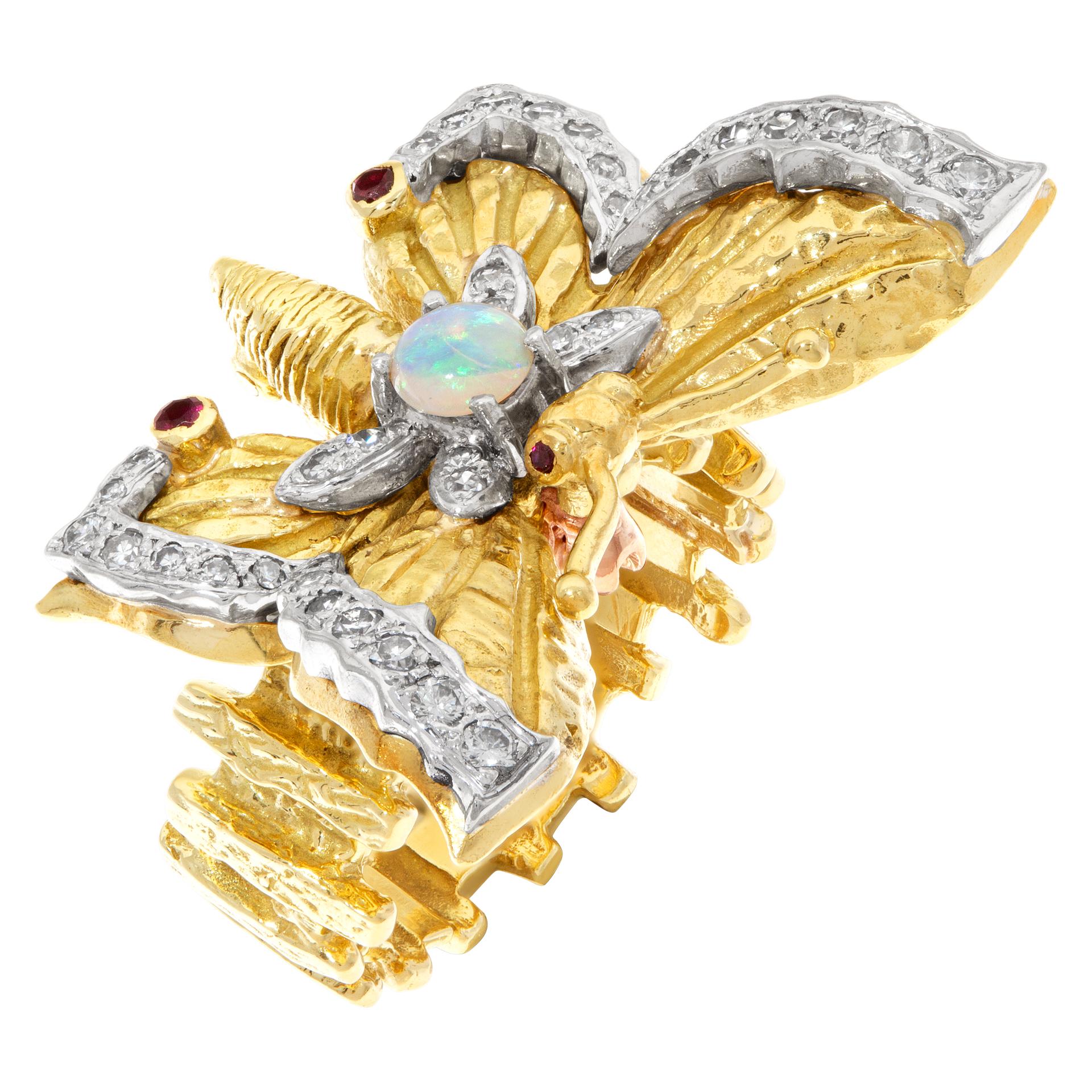 Beautiful Butterfly Ring with Diamond Accents, Rubies and Center Opal in 18k In Excellent Condition For Sale In Surfside, FL