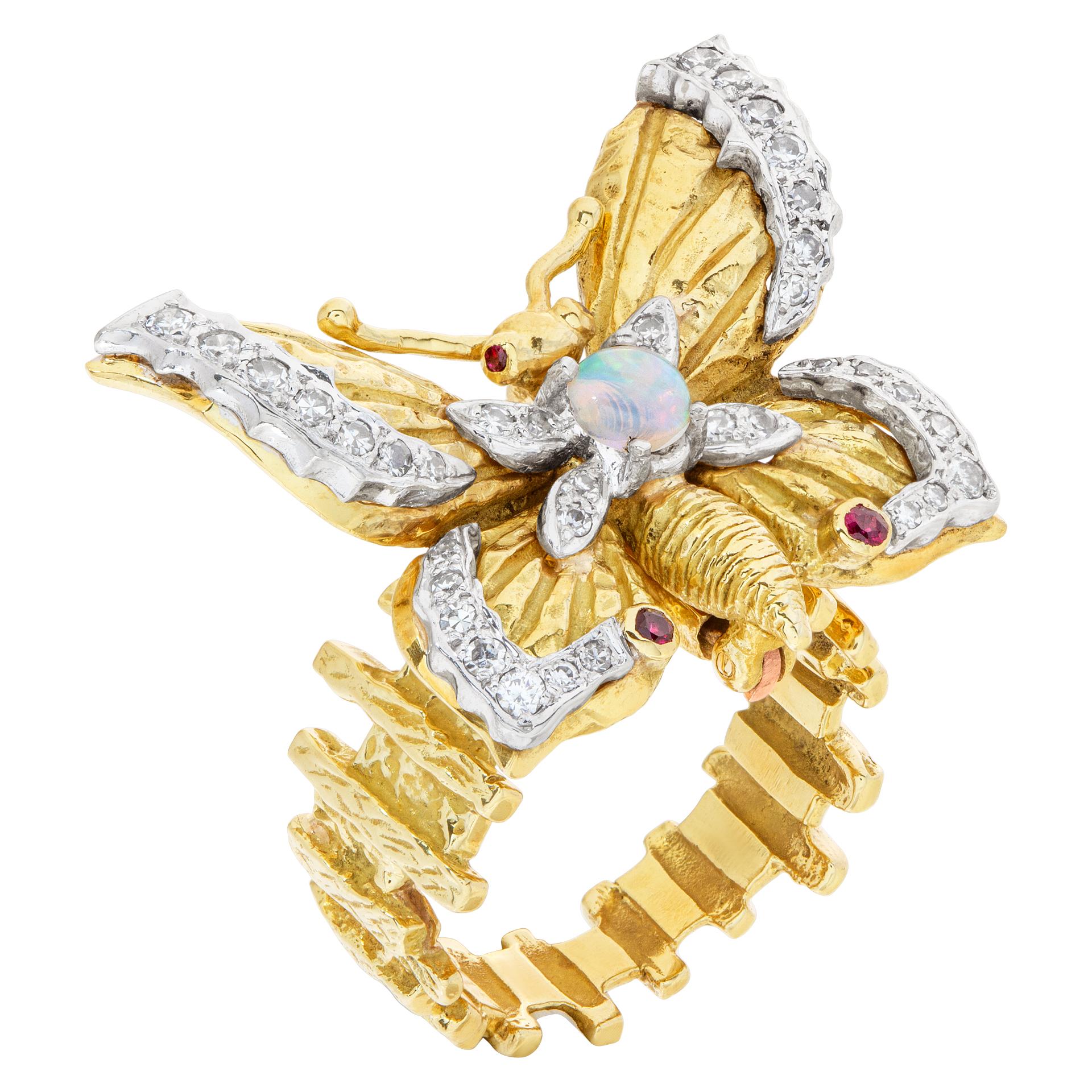 Women's Beautiful Butterfly Ring with Diamond Accents, Rubies and Center Opal in 18k For Sale