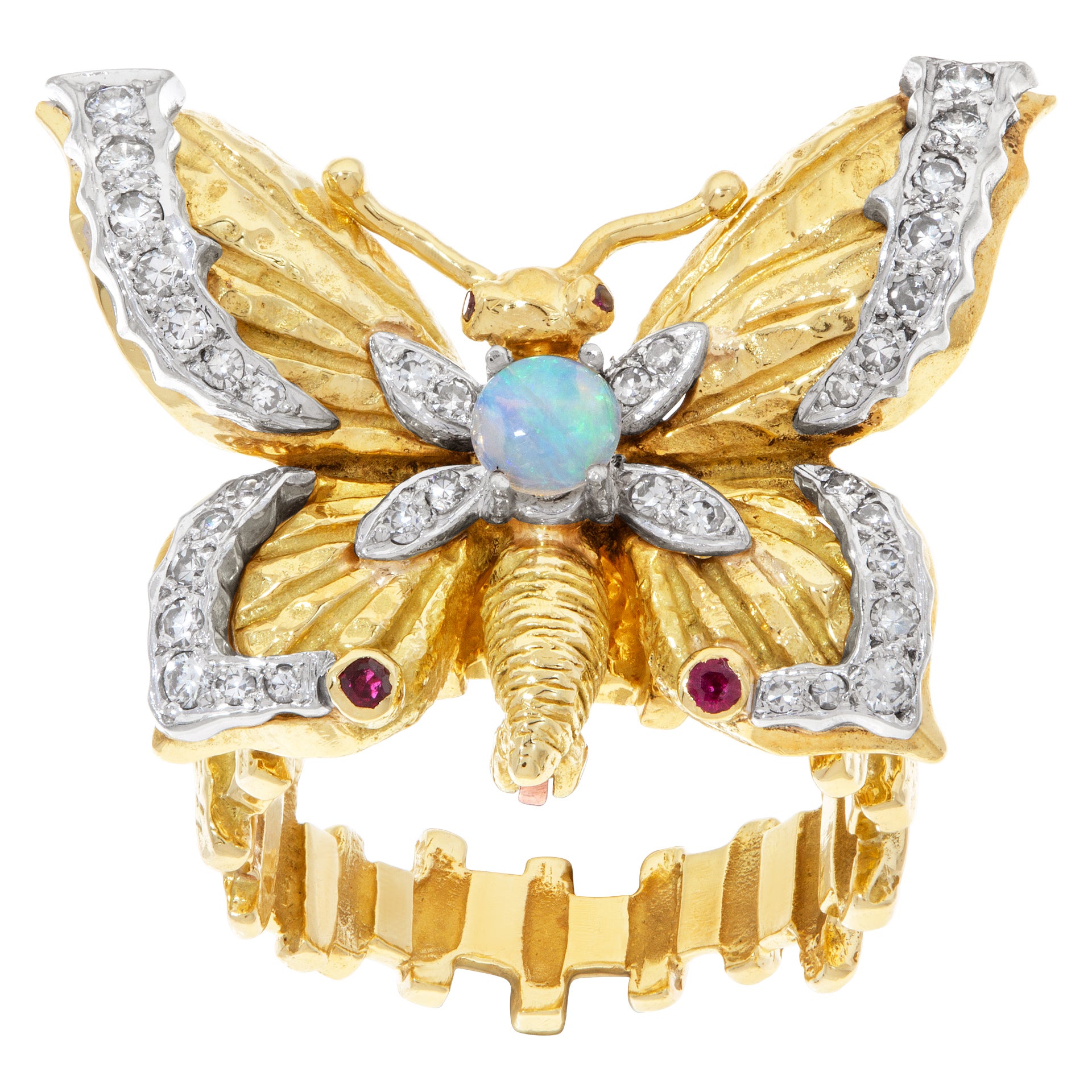 Beautiful Butterfly Ring with Diamond Accents, Rubies and Center Opal in 18k For Sale