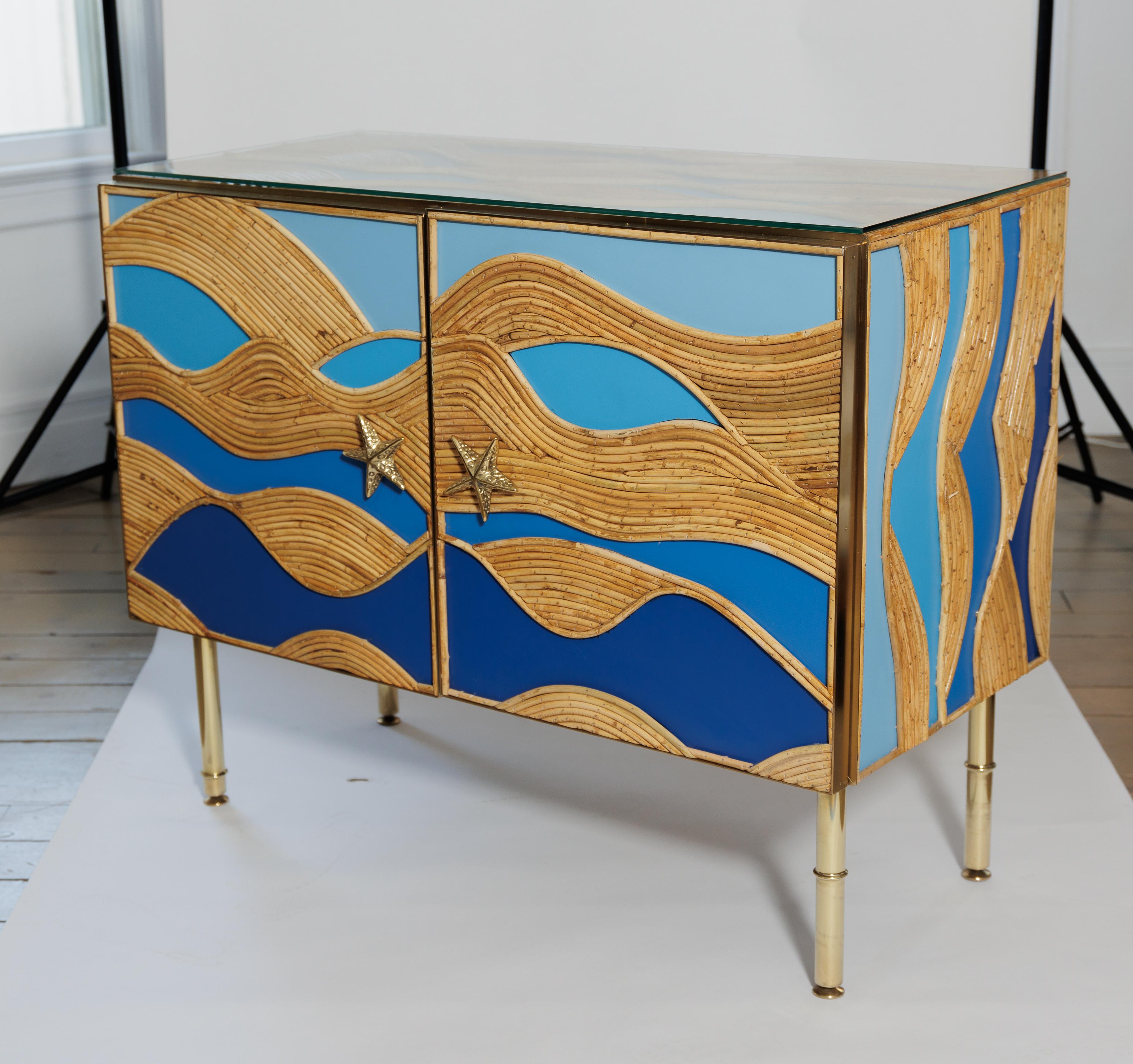 Modern Beautiful Cabinet with Resin & Bamboo with Brass Details & Interior Glass Shelf For Sale
