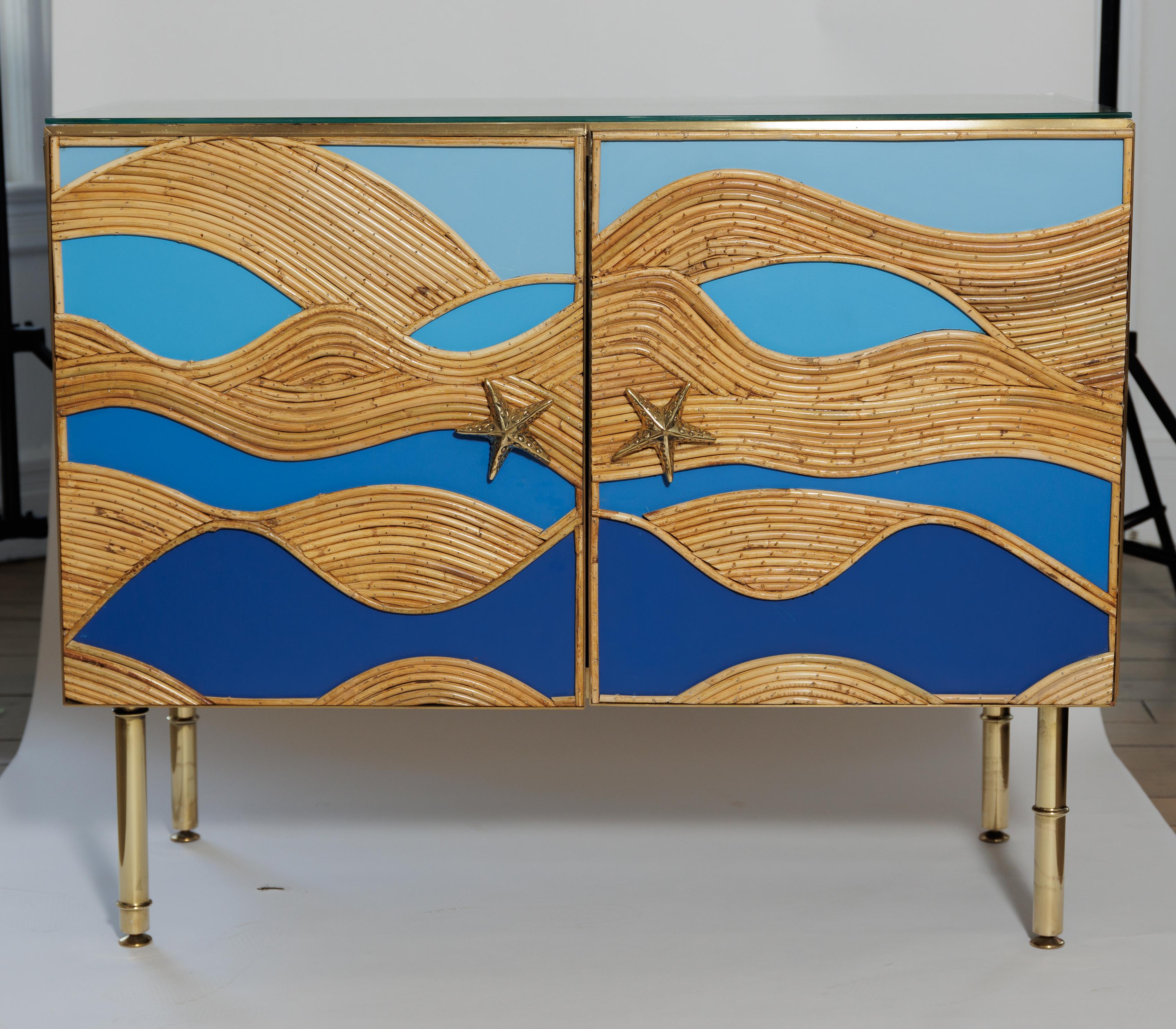 Beautiful Cabinet with Resin & Bamboo with Brass Details & Interior Glass Shelf In Good Condition For Sale In Bridgehampton, NY