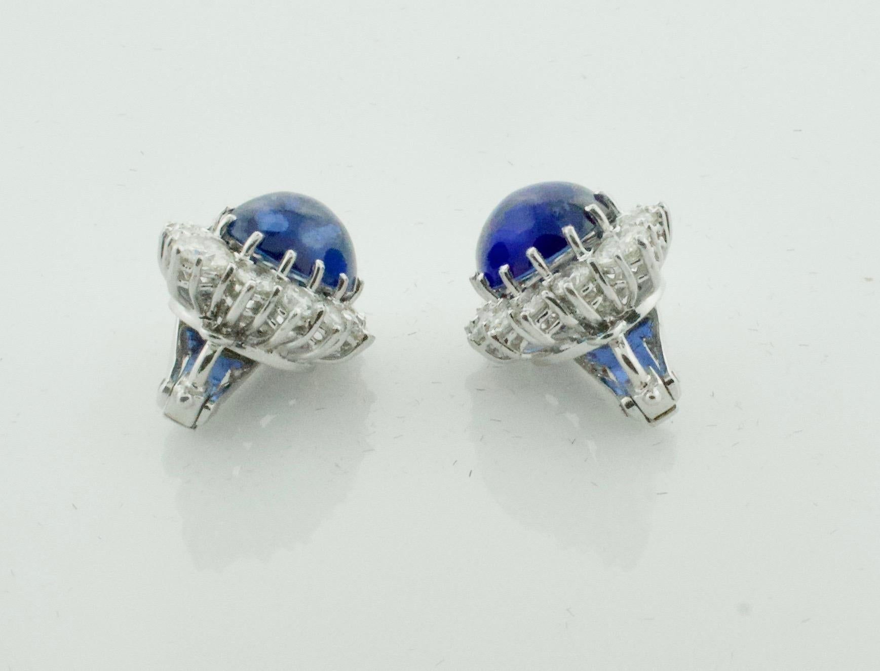 Oval Cut Beautiful Cabochon Sapphire and Diamond Clip Earrings in Platinum