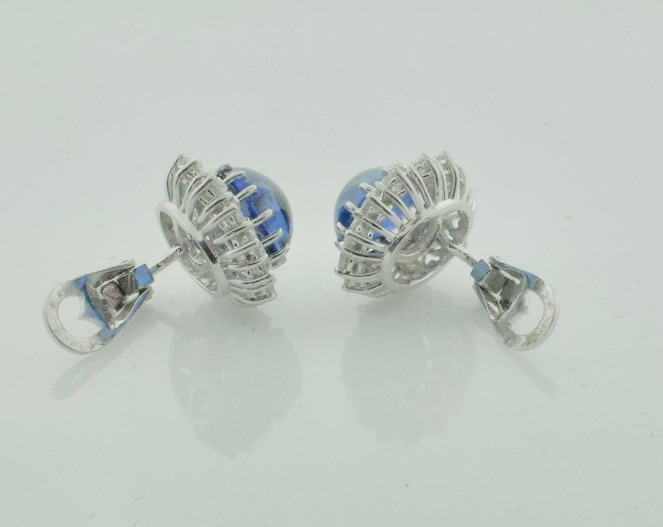 Women's or Men's Beautiful Cabochon Sapphire and Diamond Clip Earrings in Platinum
