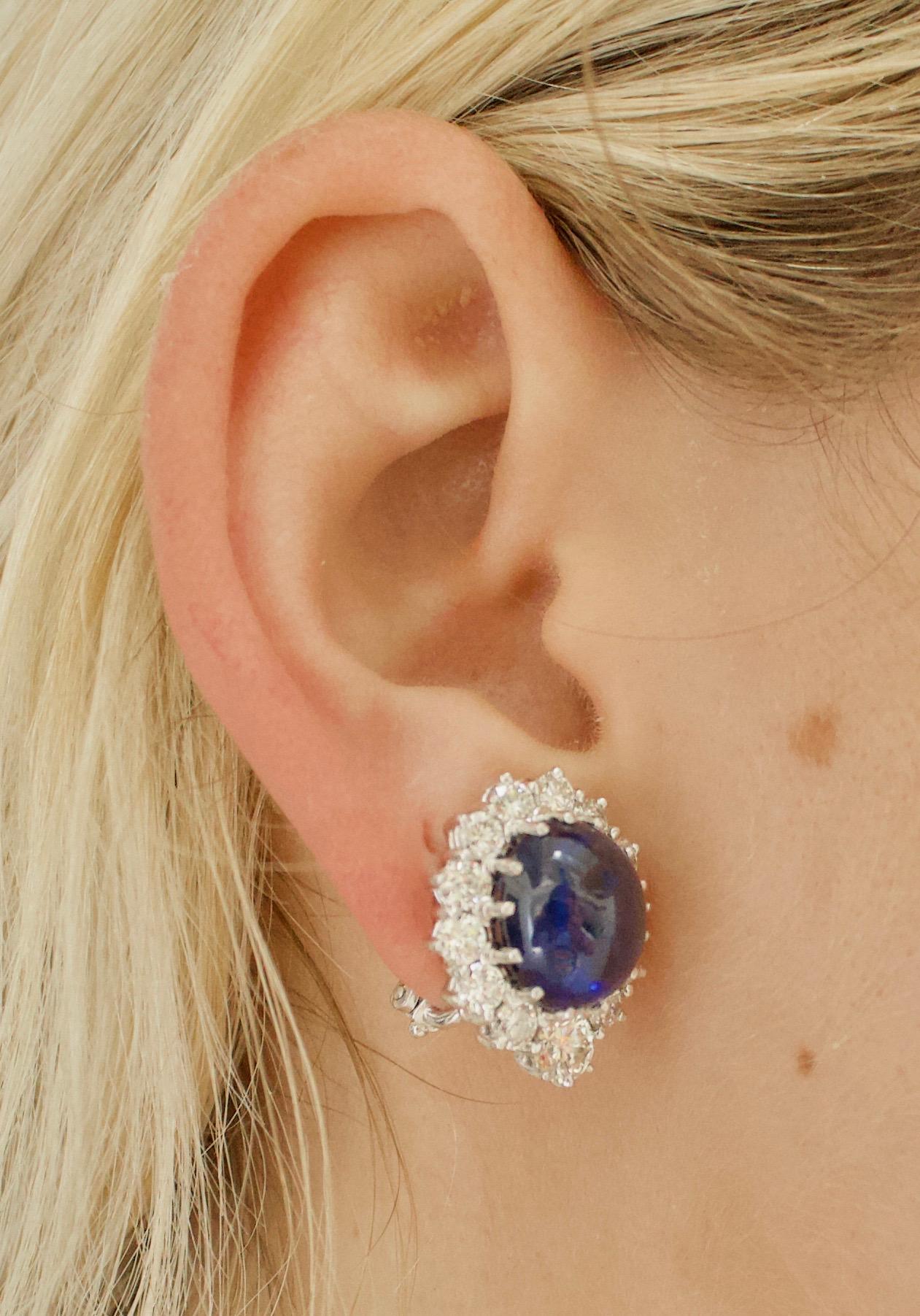 Beautiful Cabochon Sapphire and Diamond Clip Earrings in Platinum 4