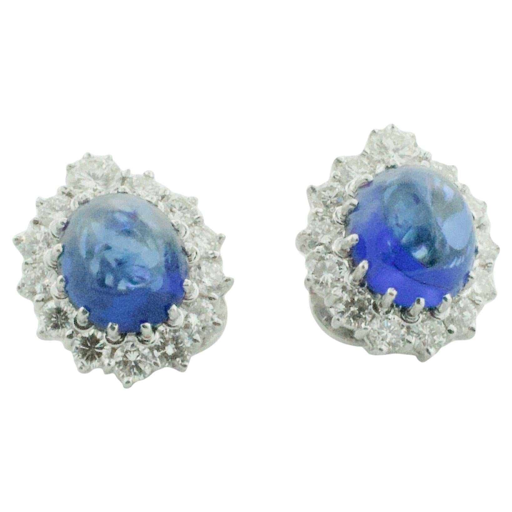 Beautiful Cabochon Sapphire and Diamond Clip Earrings in Platinum