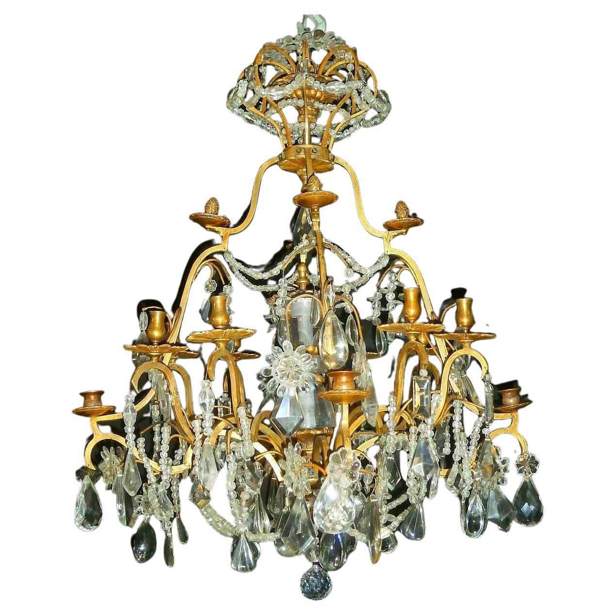 Beautiful cage chandelier in rock crystal and gilt bronze, Paris 19th century For Sale