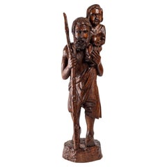 Beautiful Carved and Patinated Wooden Statue of Saint Christopher
