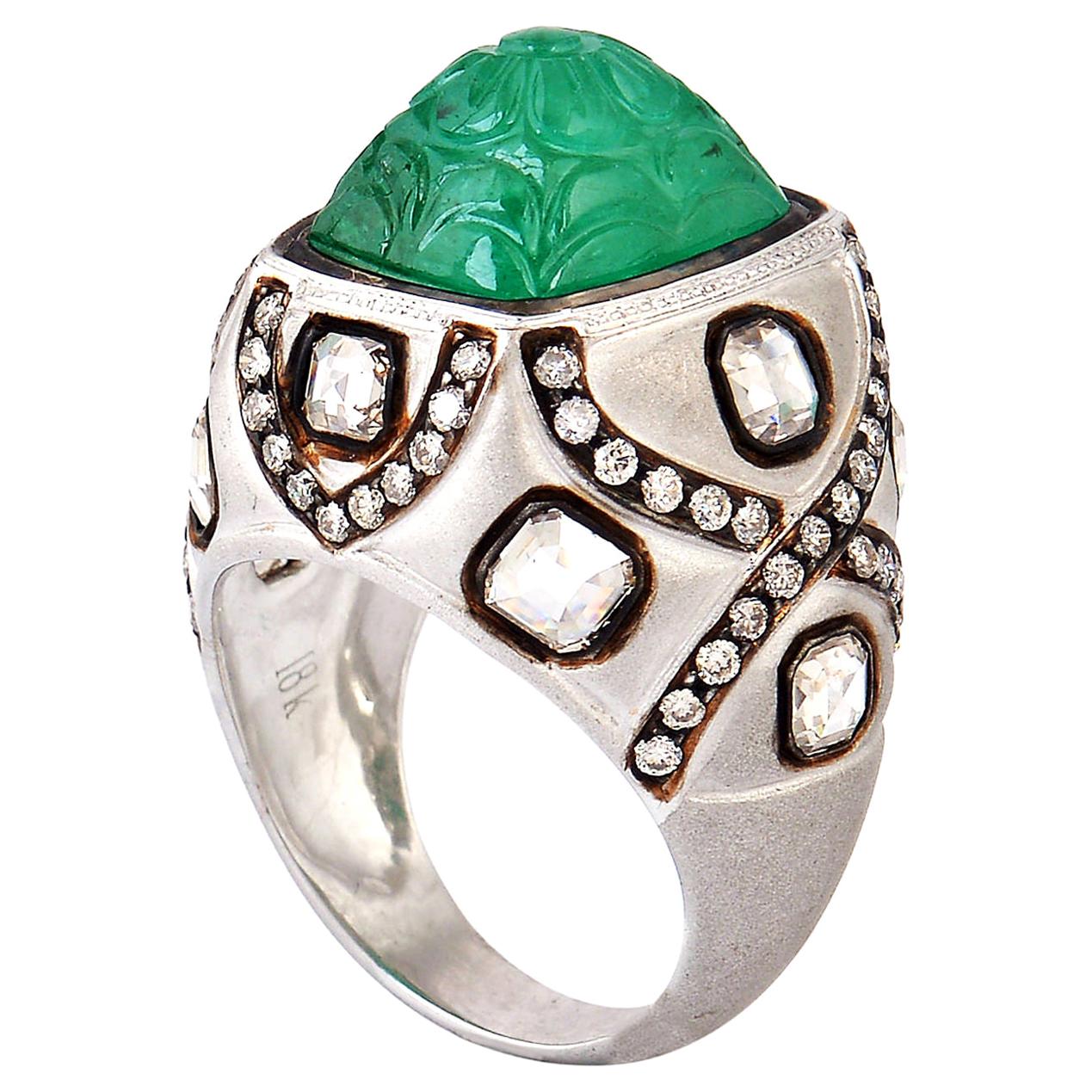 Beautiful Carved Emerald Ring with Diamonds in 18 Karat White Gold