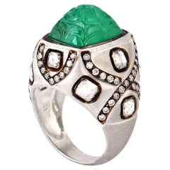 Beautiful Carved Emerald Ring with Diamonds in 18 Karat White Gold