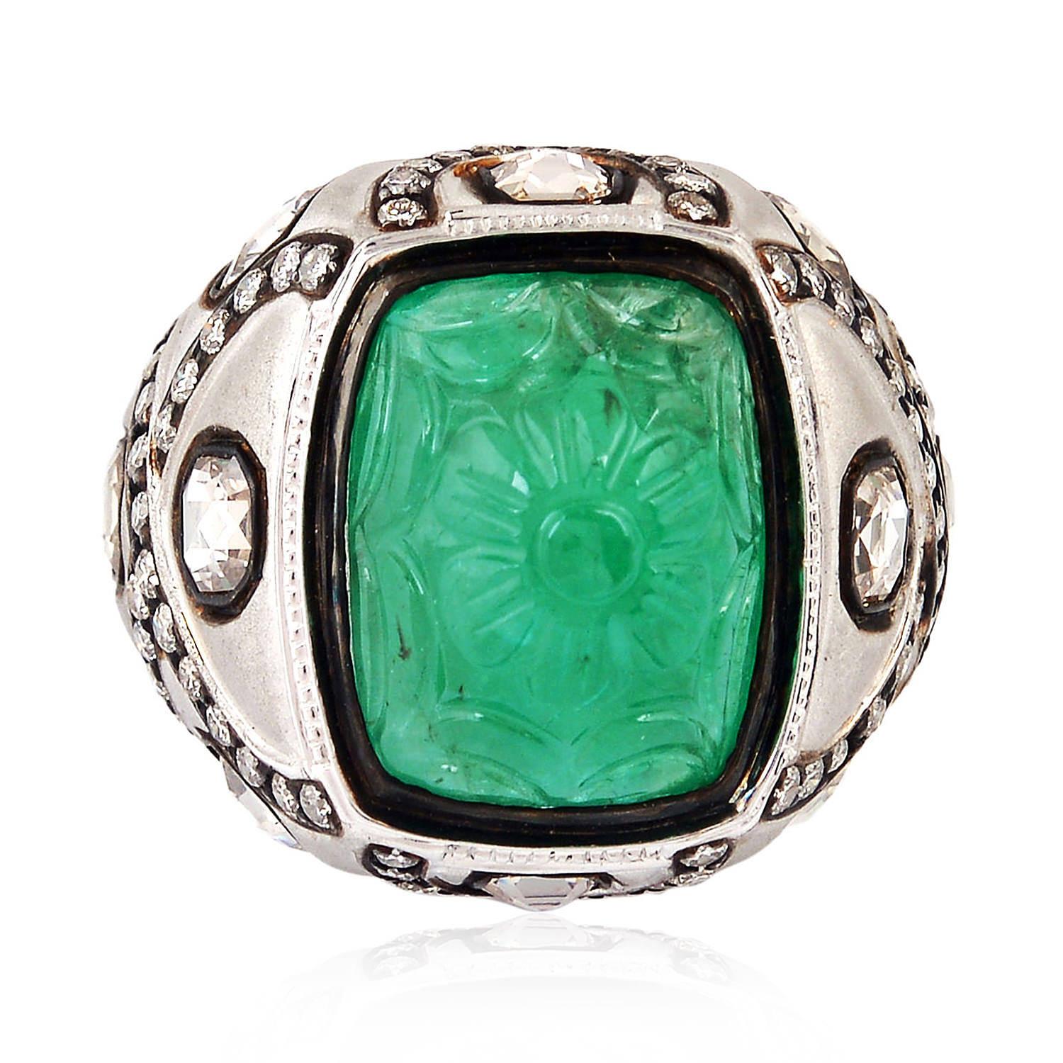Emerald Cut Beautiful Carved Emerald Ring with Diamonds in 18 Karat White Gold For Sale