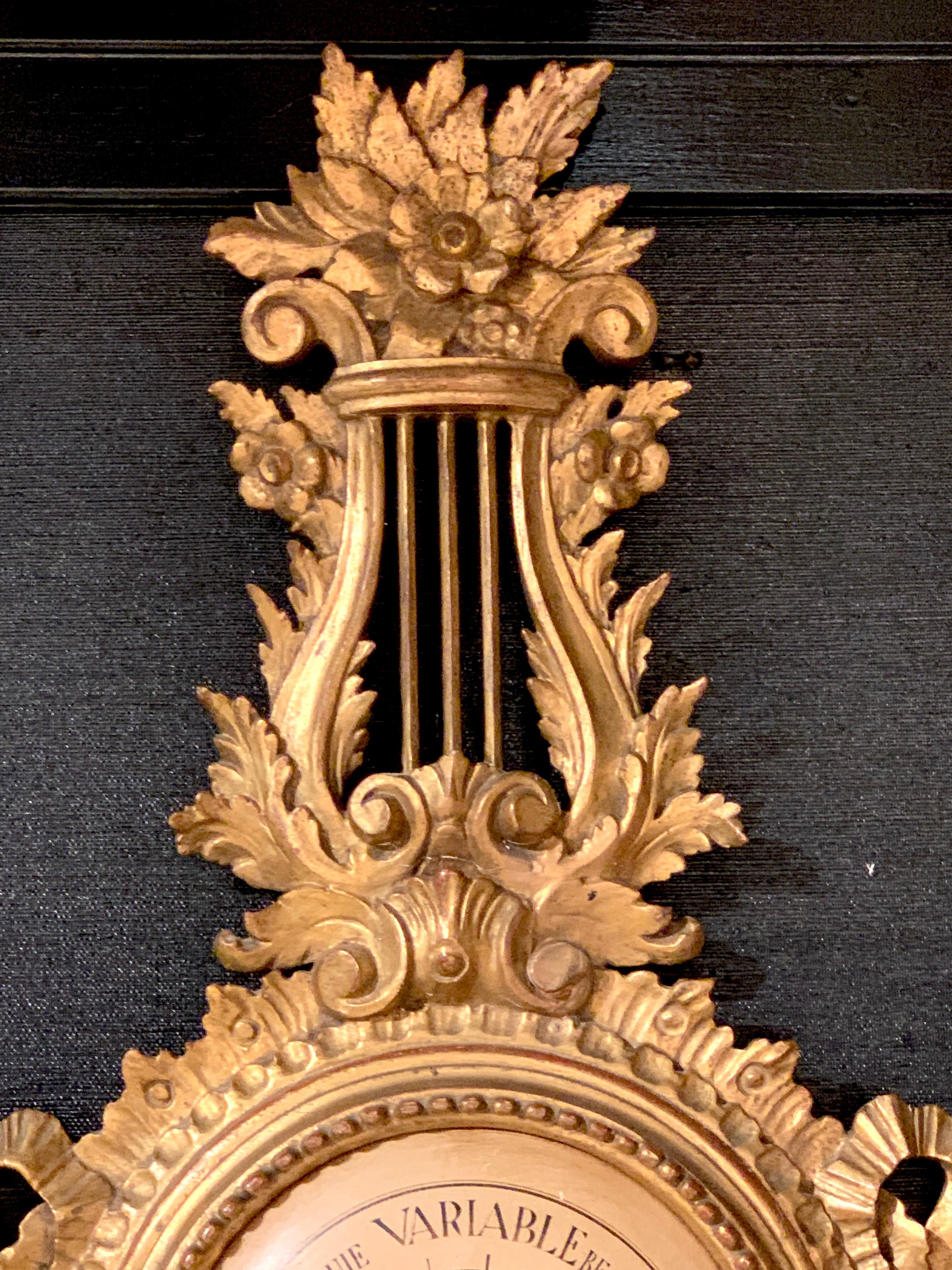 European Beautiful Carved Giltwood Louis XVI Style Lyre Barometer