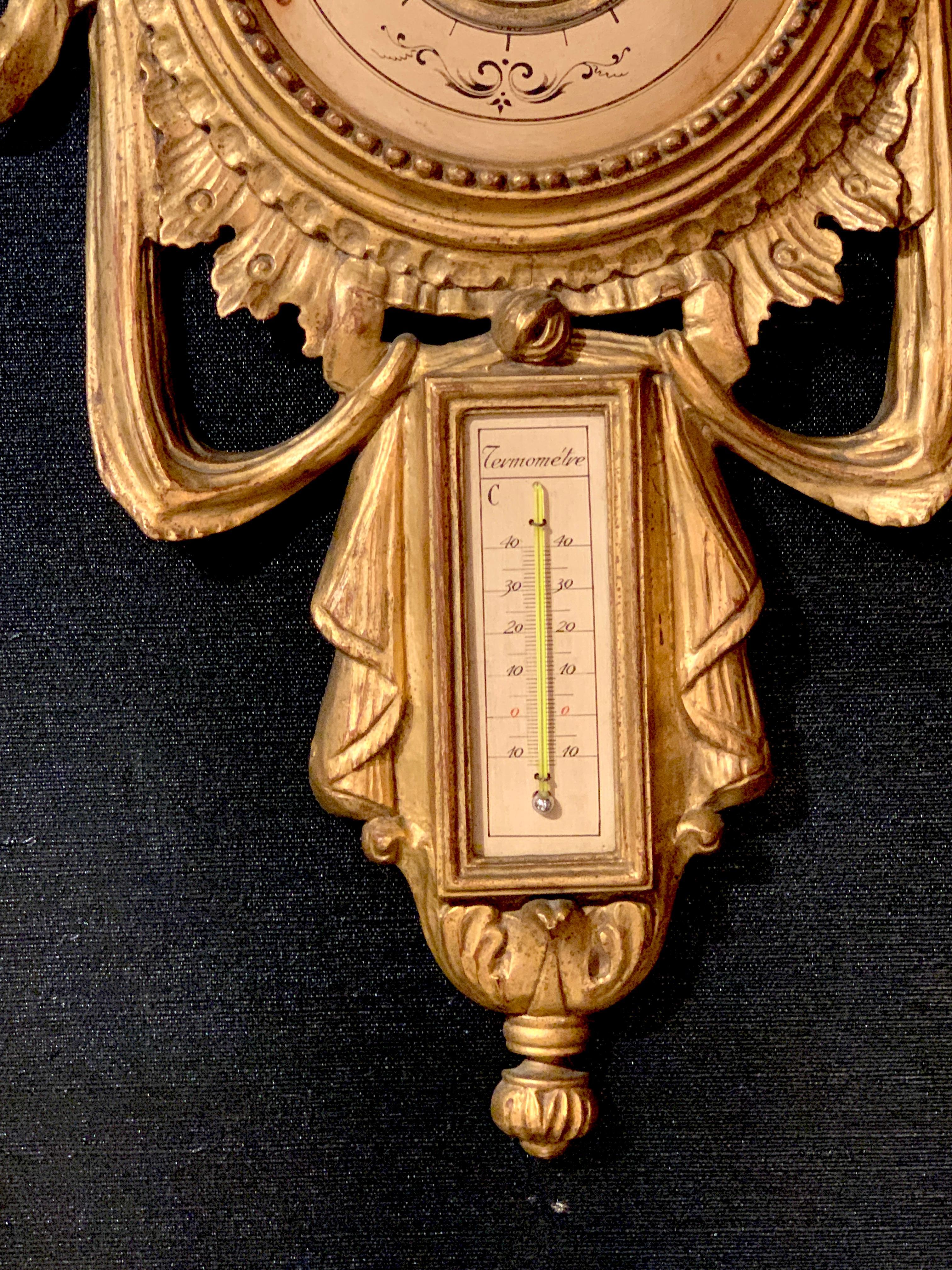 Glass Beautiful Carved Giltwood Louis XVI Style Lyre Barometer
