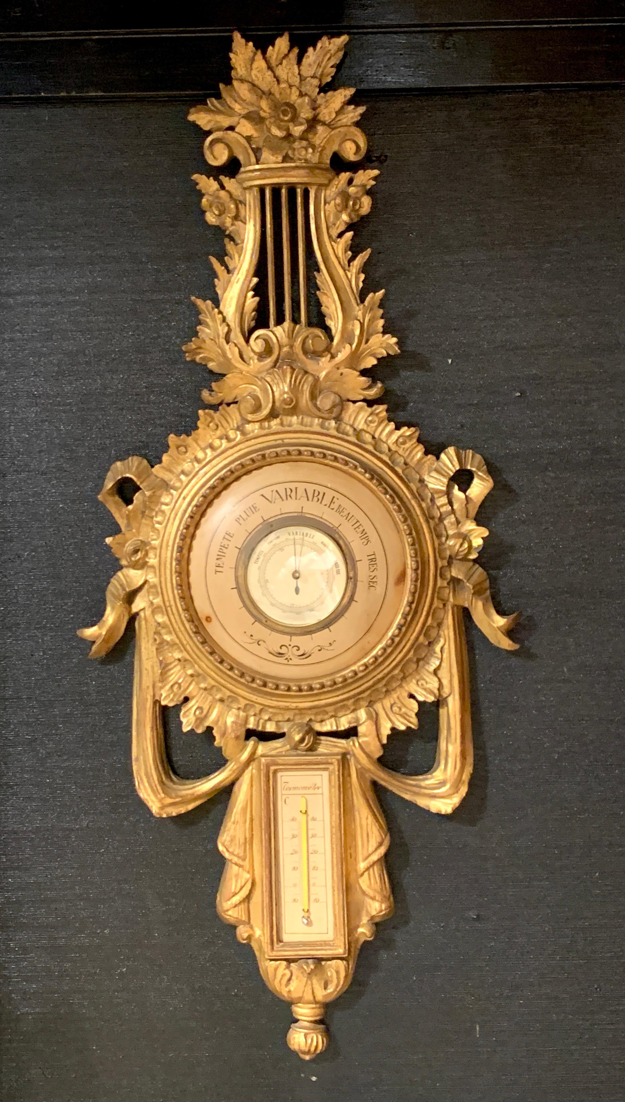 Beautiful Carved Giltwood Louis XVI Style Lyre Barometer 1