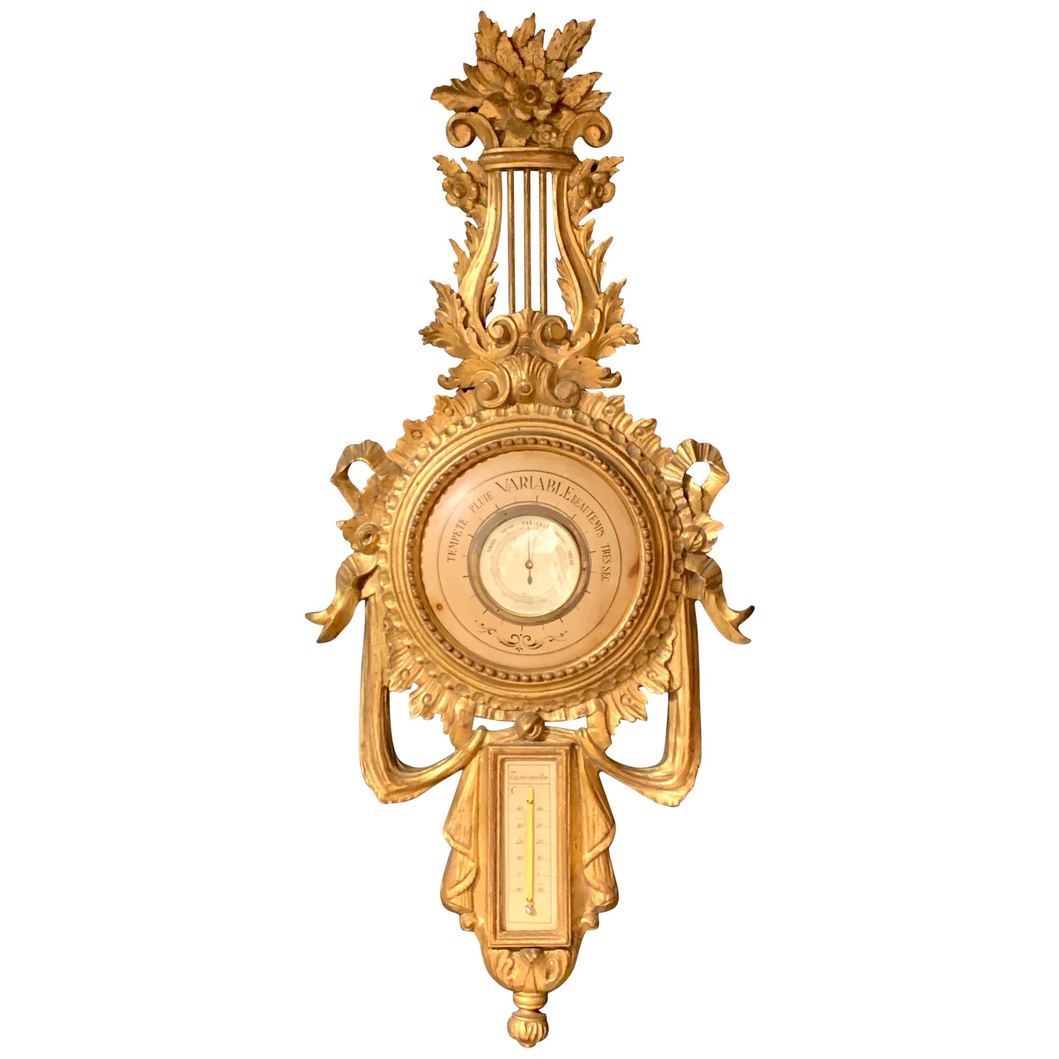 Beautiful Carved Giltwood Louis XVI Style Lyre Barometer For Sale