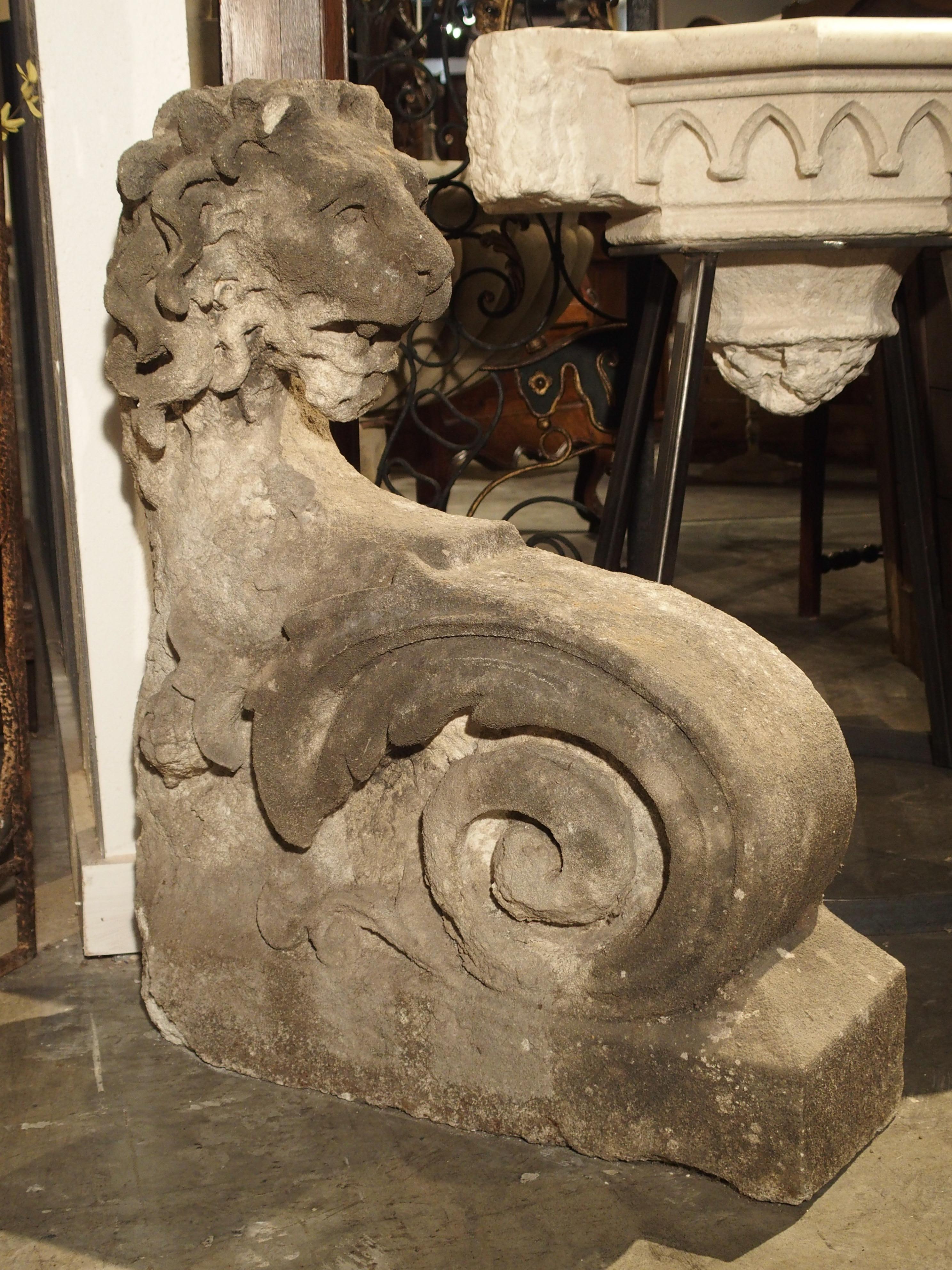 Hand-Carved Beautiful Carved Limestone Lion Architectural, Burgundy France, 17th Century