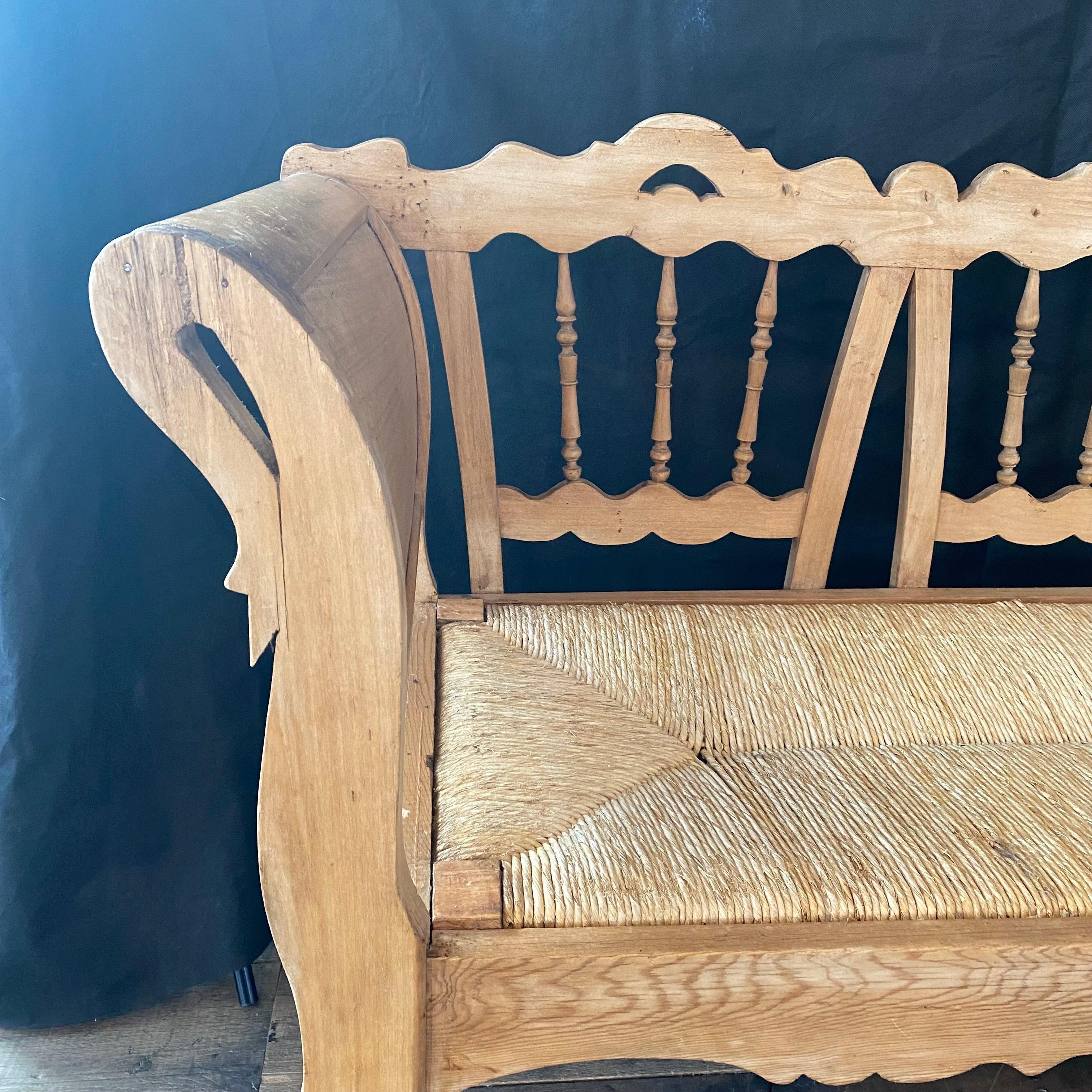 Beautiful Carved Pine Swan Neck Bench Settee with Rush Seat 5