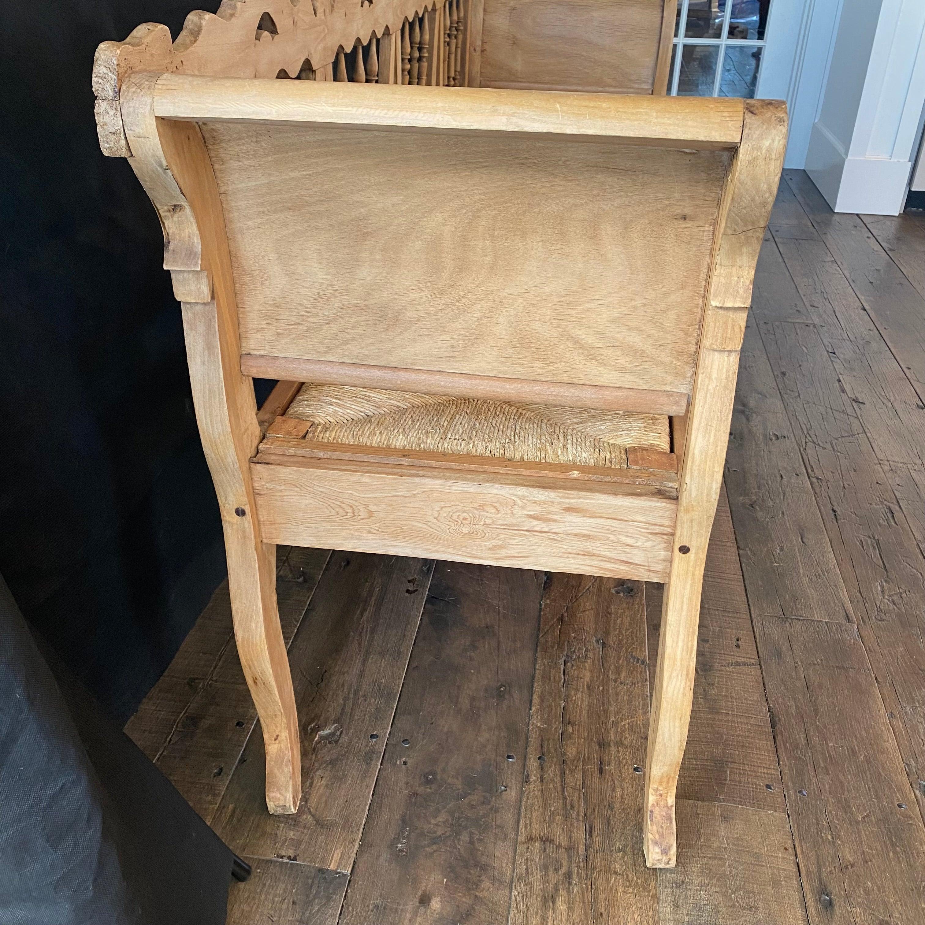 Beautiful Carved Pine Swan Neck Bench Settee with Rush Seat 6