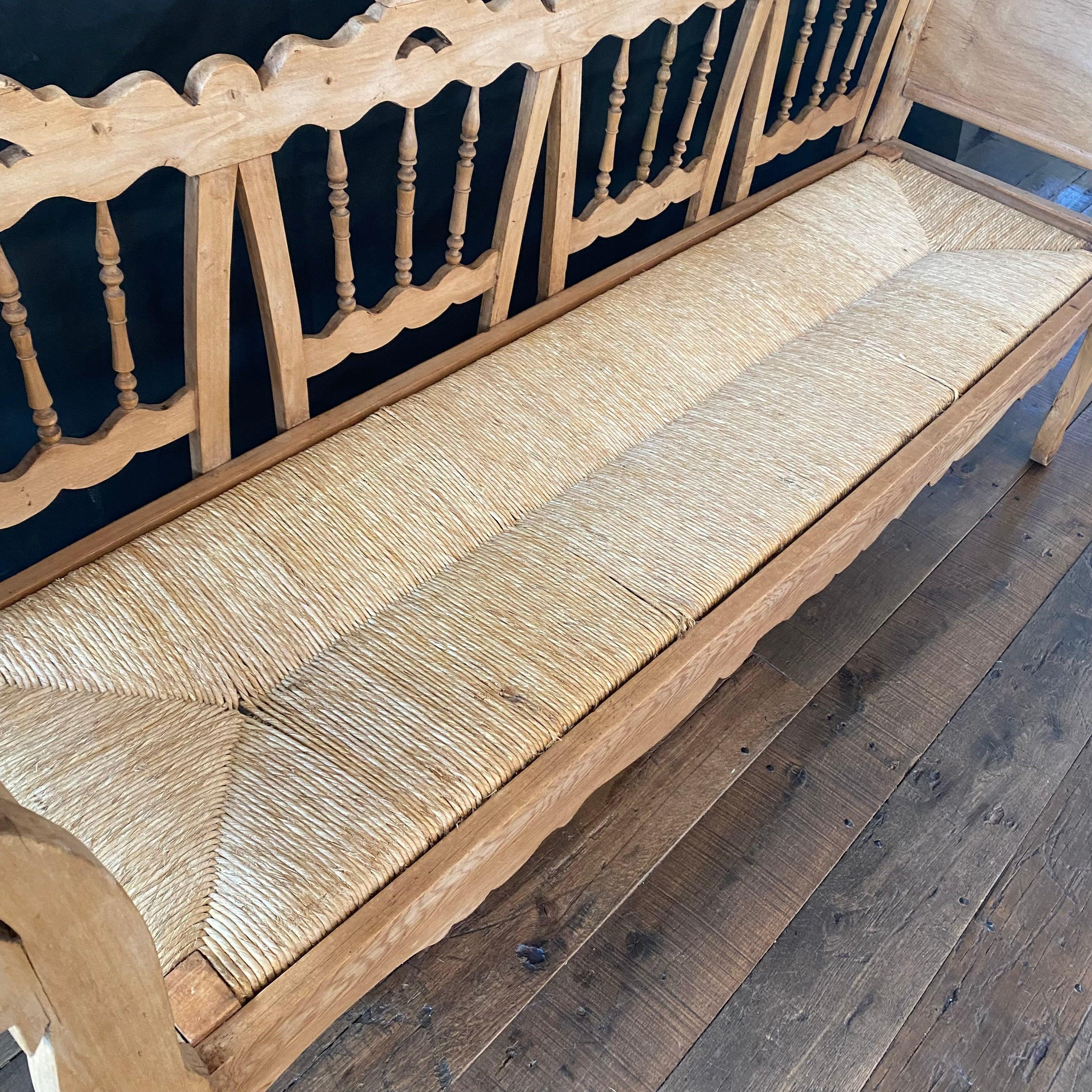 Rustic Beautiful Carved Pine Swan Neck Bench Settee with Rush Seat