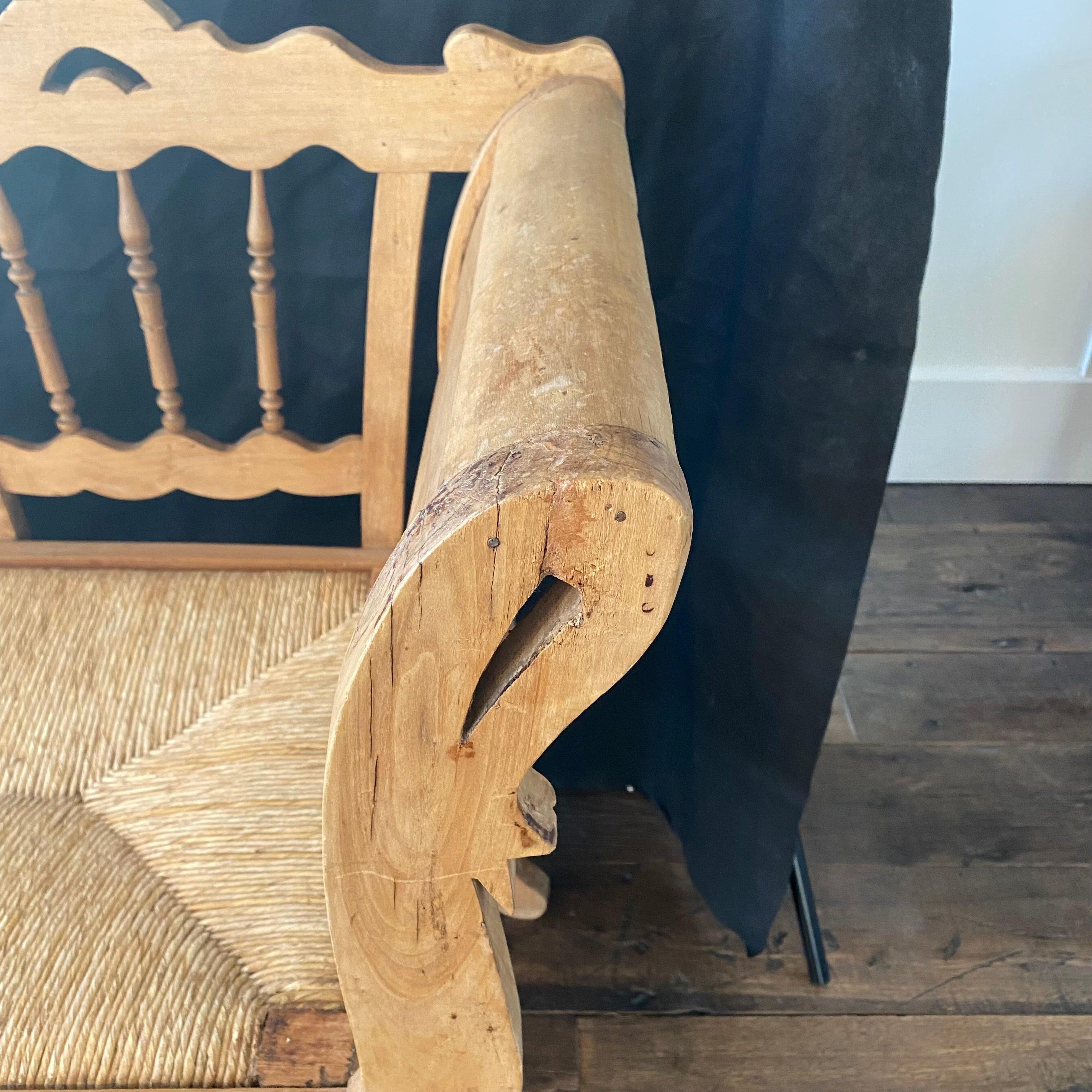 French Beautiful Carved Pine Swan Neck Bench Settee with Rush Seat