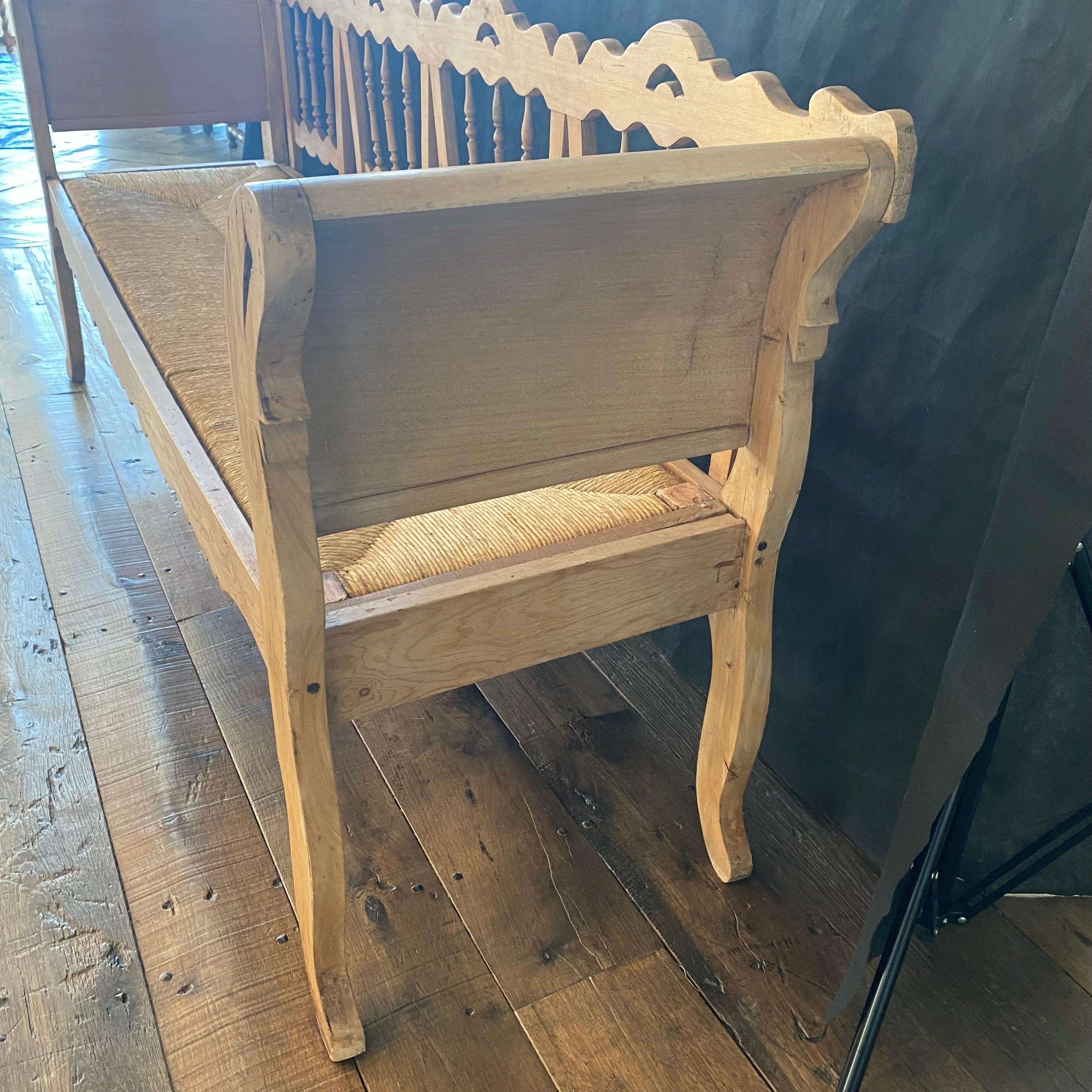 20th Century Beautiful Carved Pine Swan Neck Bench Settee with Rush Seat