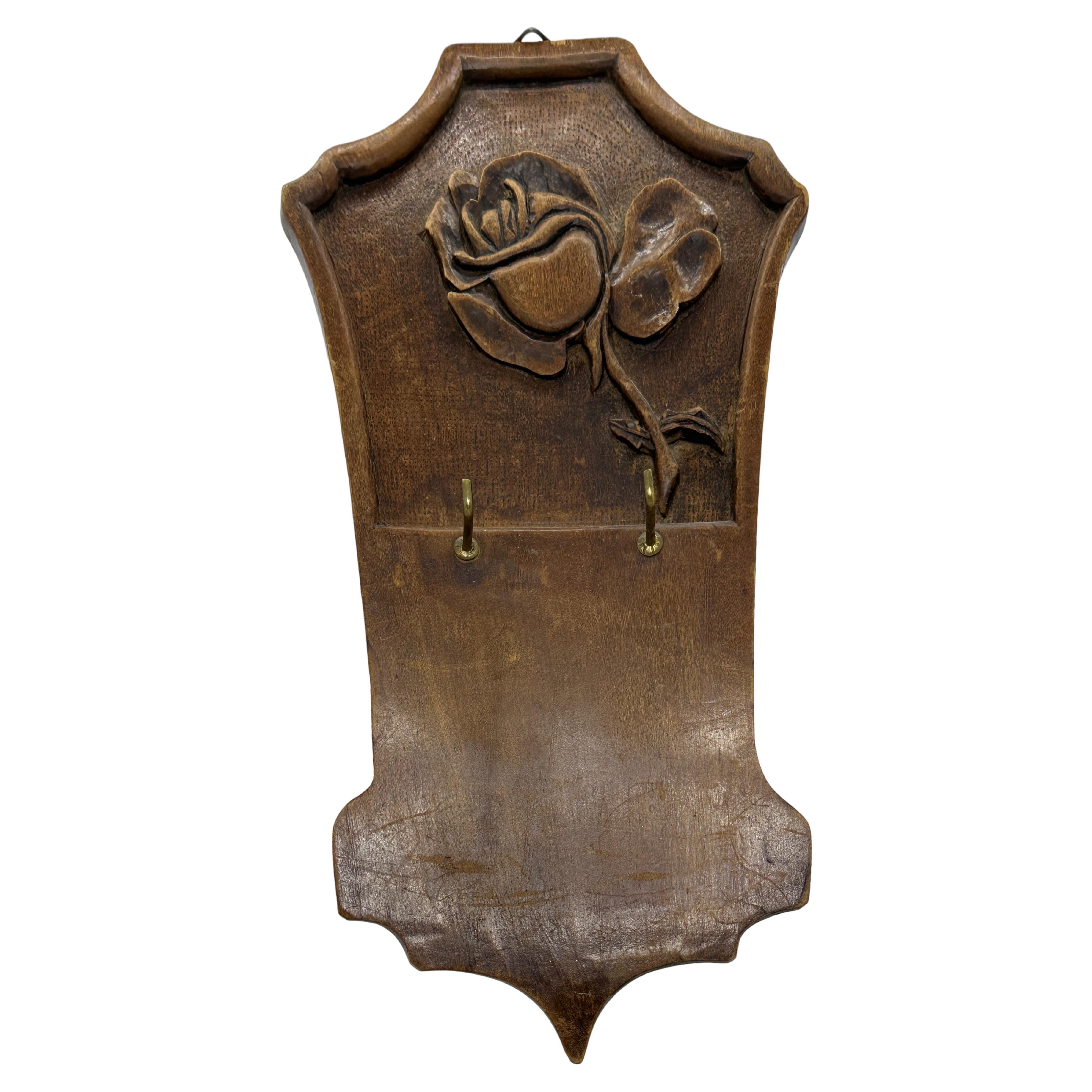 Beautiful Carved Rose, Oak Wood Key Hanger Board Antique German Folk Art, 1860s For Sale