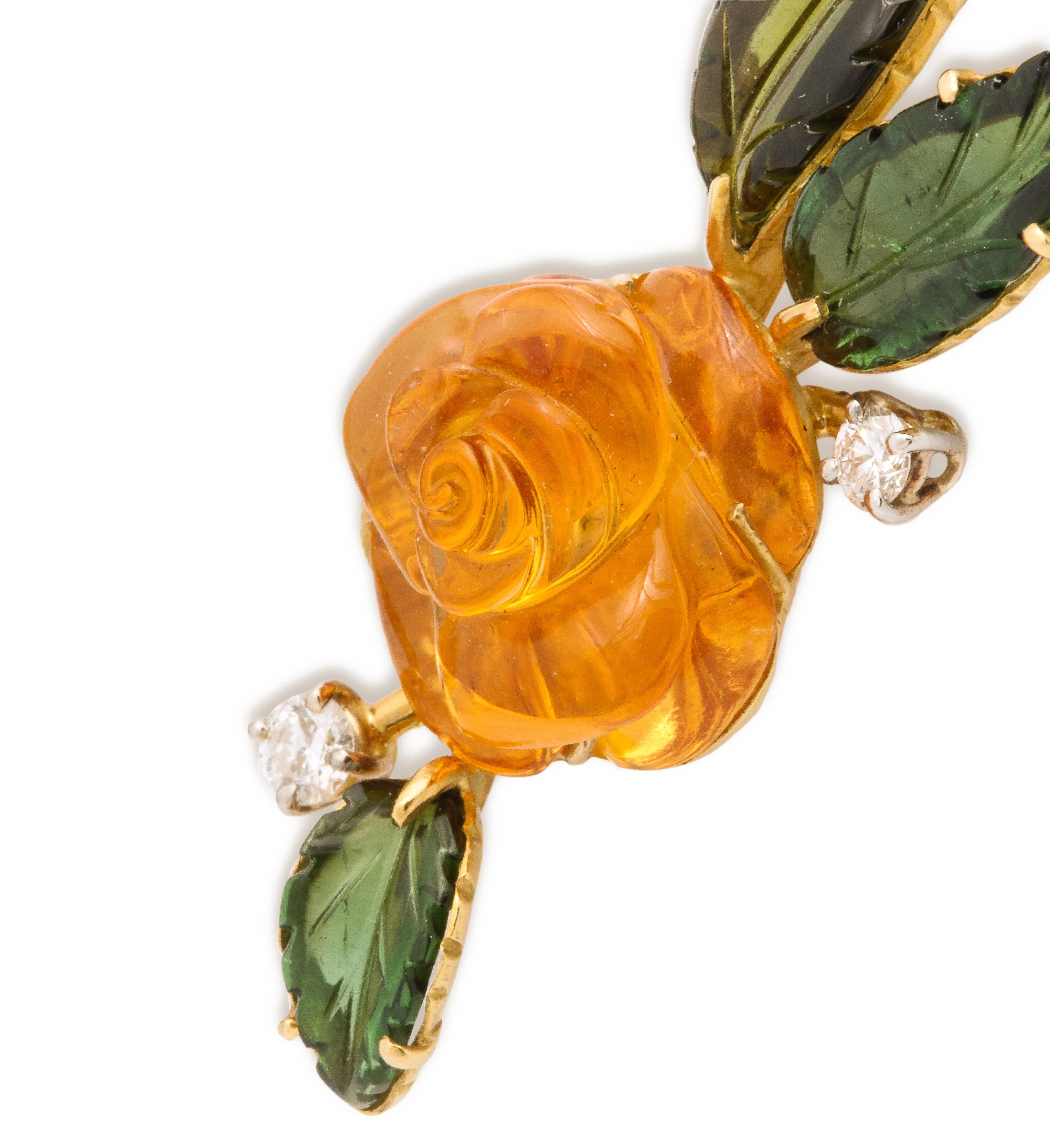 Contemporary Michael Kanners Carved Citrine Tourmaline and Diamond Flower Earrings For Sale