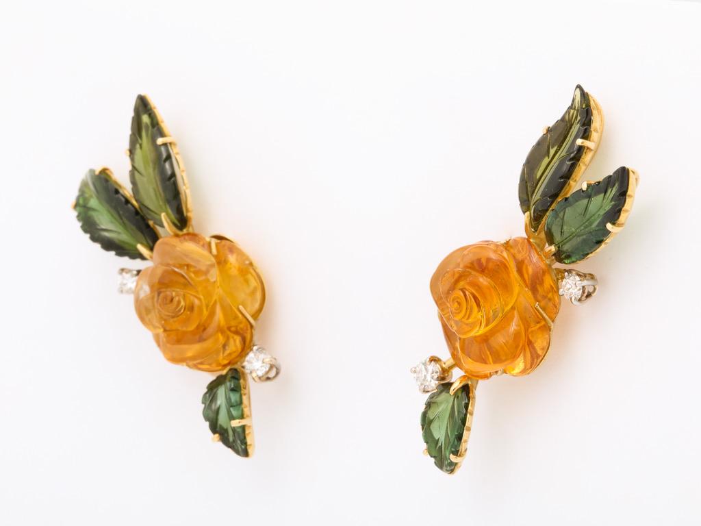 Contemporary Beautiful Carved Stone Flower Earclips, Michael Kanners For Sale