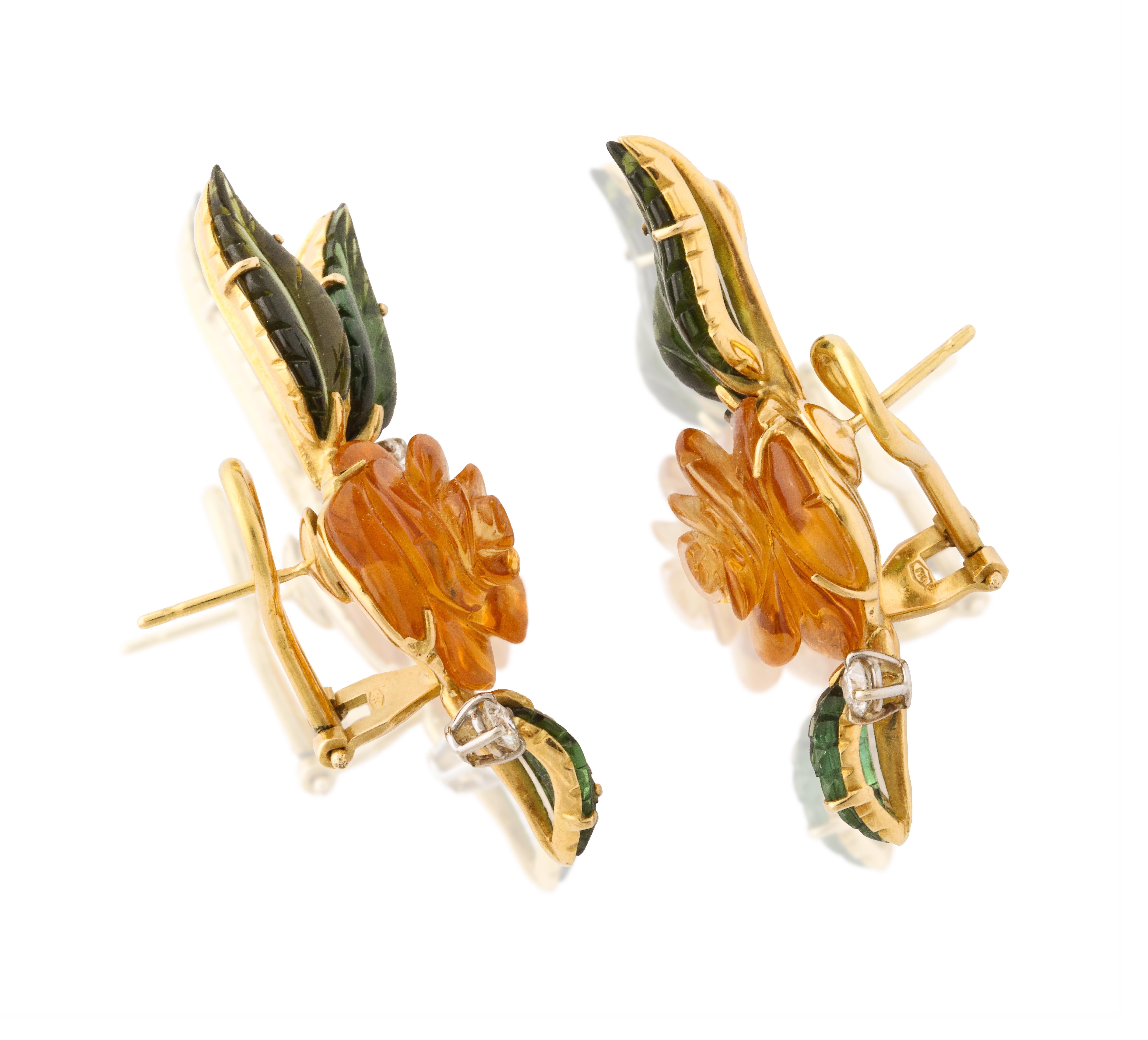 Mixed Cut Michael Kanners Carved Citrine Tourmaline and Diamond Flower Earrings For Sale