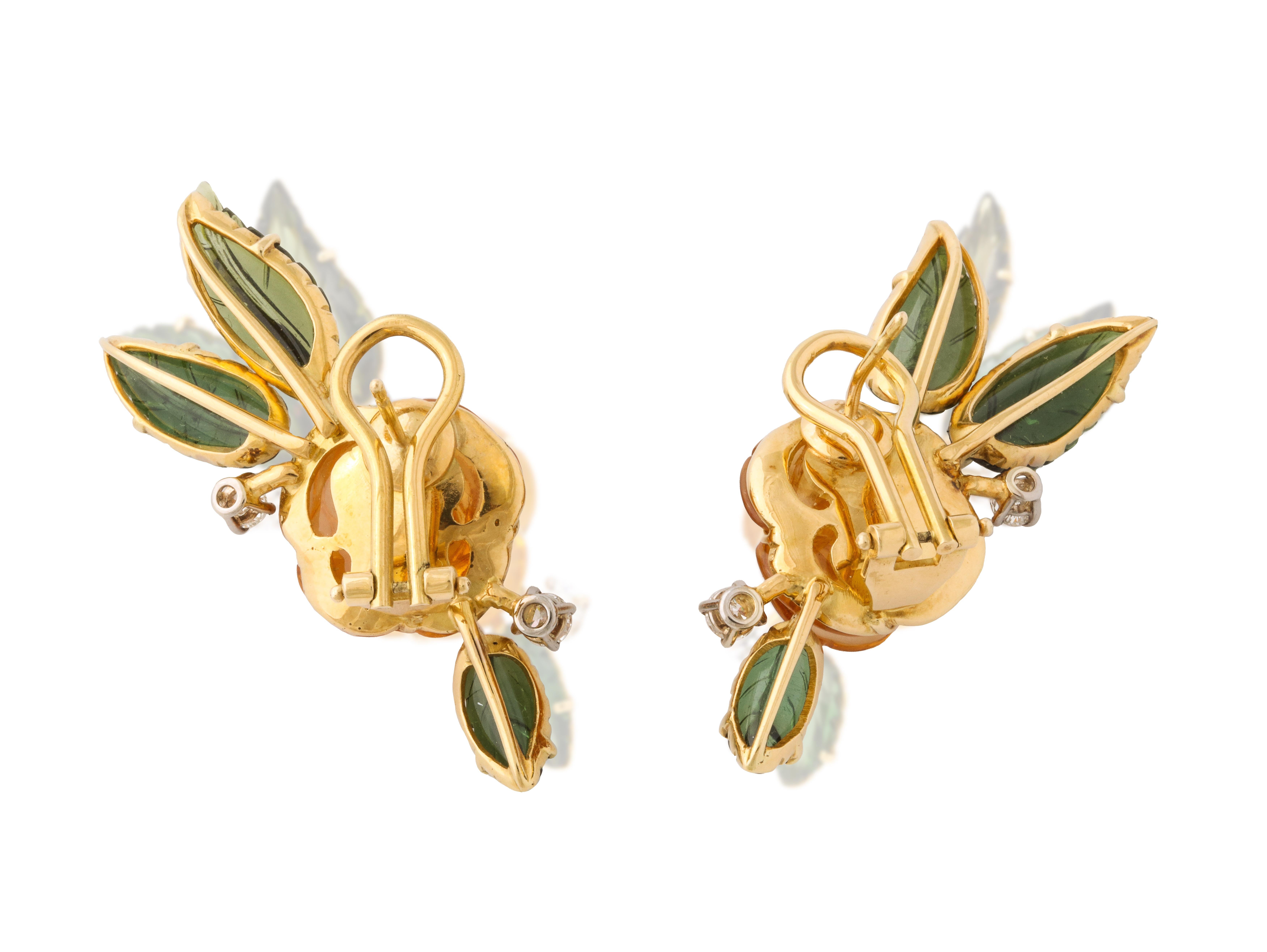 Michael Kanners Carved Citrine Tourmaline and Diamond Flower Earrings In New Condition For Sale In Bal Harbour, FL