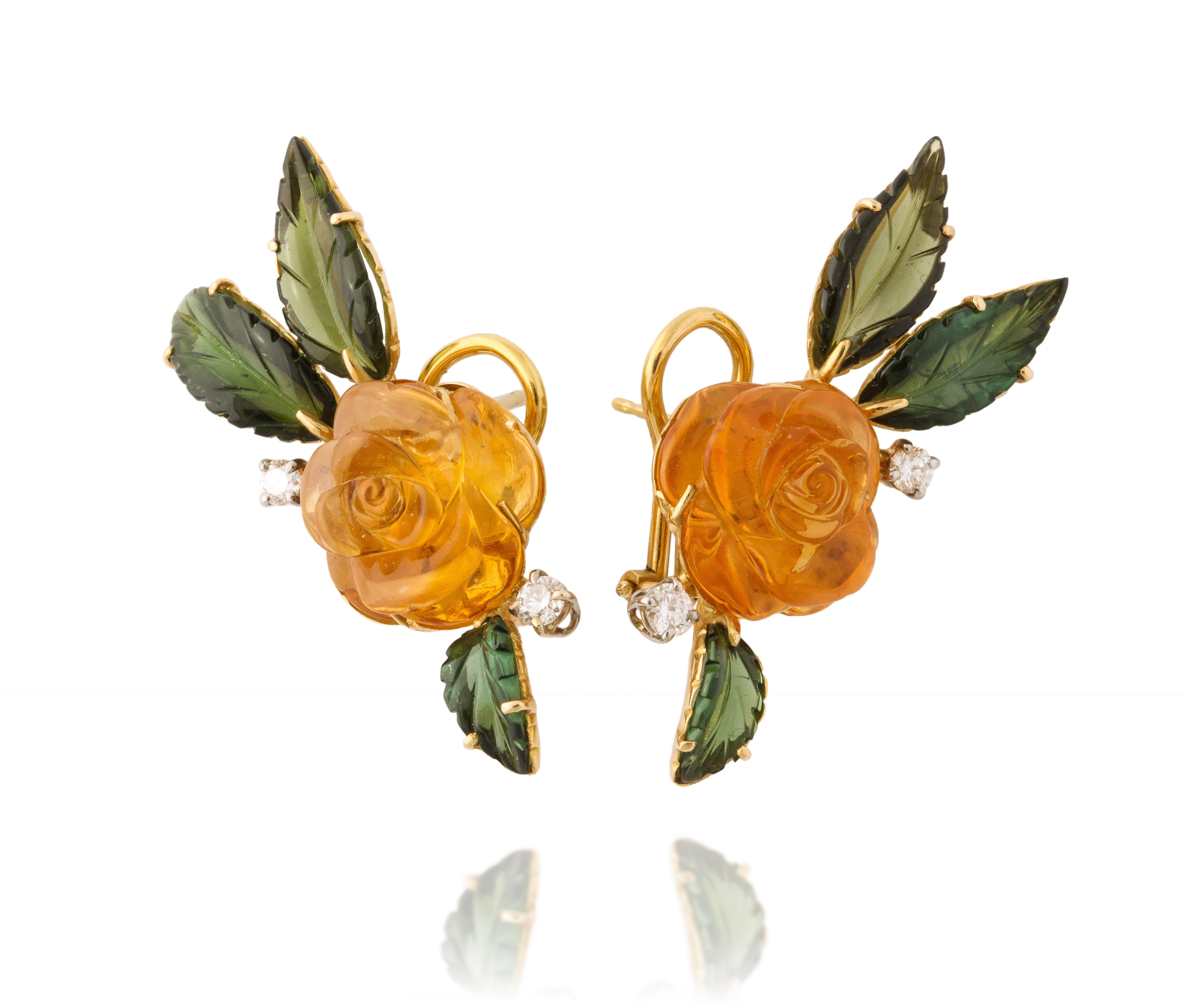 Women's Michael Kanners Carved Citrine Tourmaline and Diamond Flower Earrings For Sale