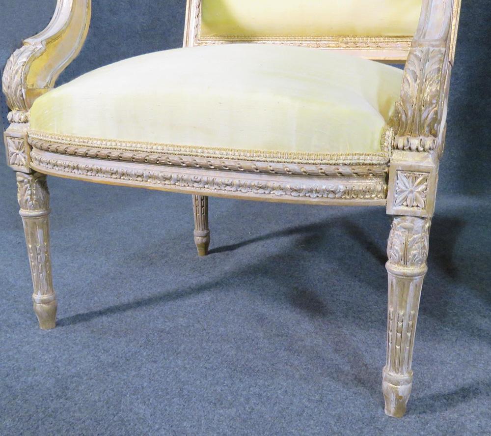 Beech Beautiful Carved White Washed French Louis XVI Fauteuils Open Armchairs
