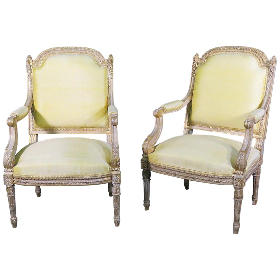 Beautiful Carved White Washed French Louis XVI Fauteuils Open Armchairs