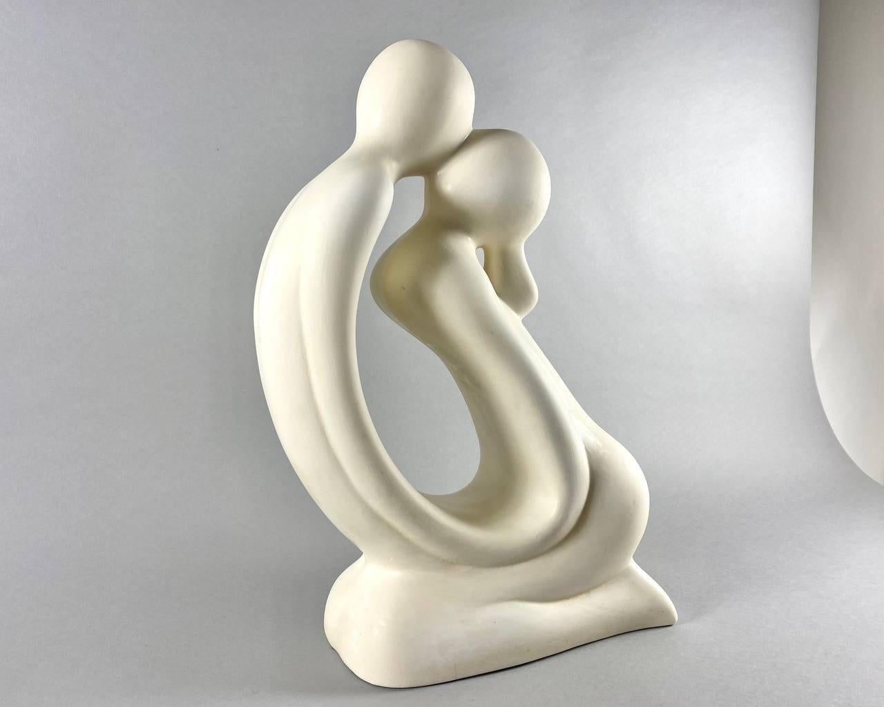 Mid-Century Modern Beautiful Ceramic Sculpture of Couple Kneeling “the Kiss”  Vintage
