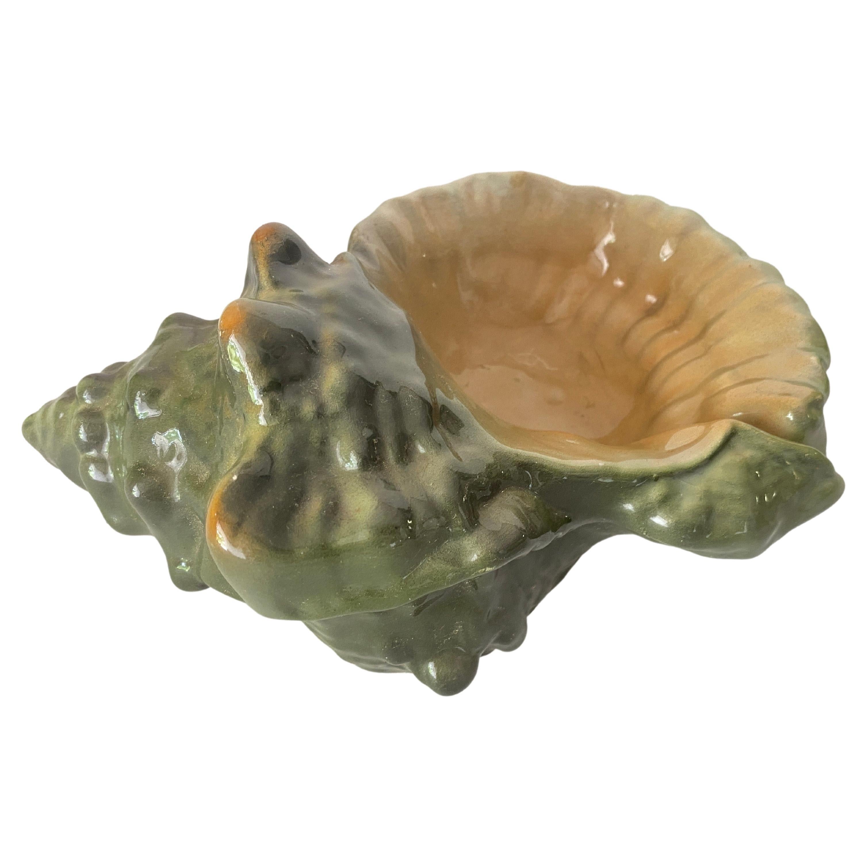 Rococo Revival Beautiful Ceramic Shell Ashtray Green Color Portugal 20th Century For Sale