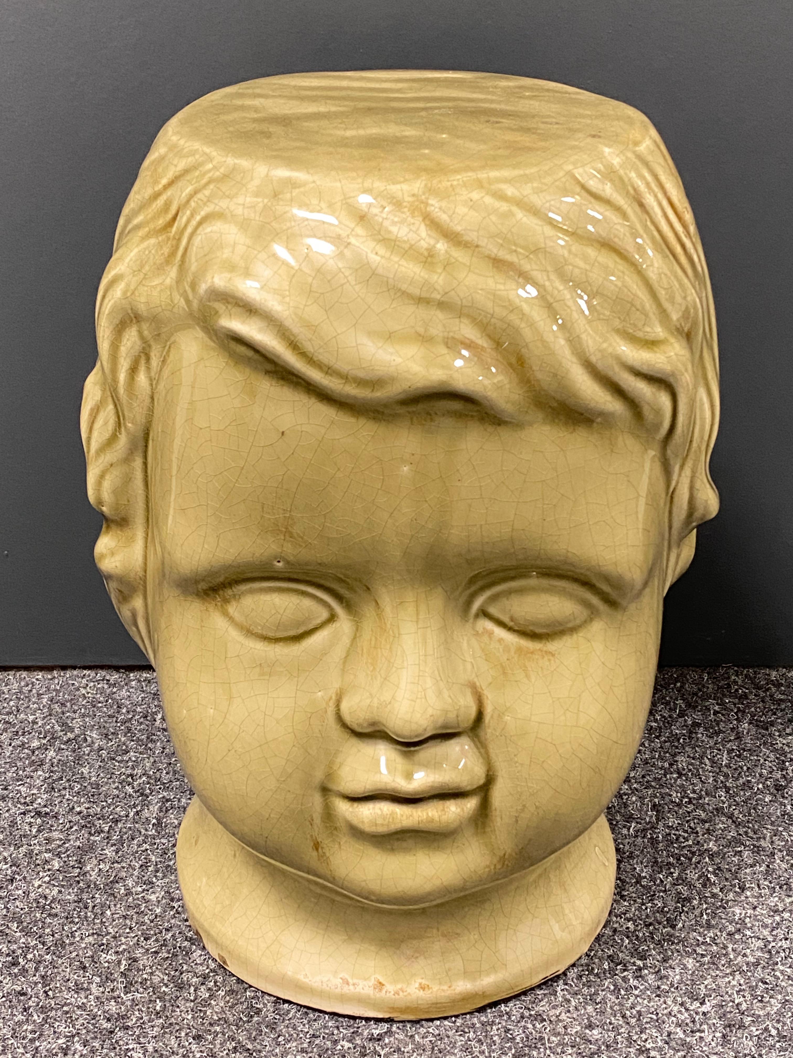 Hollywood Regency Beautiful Ceramic Toddler Head Garden Stool or Side Table Patio Decoration