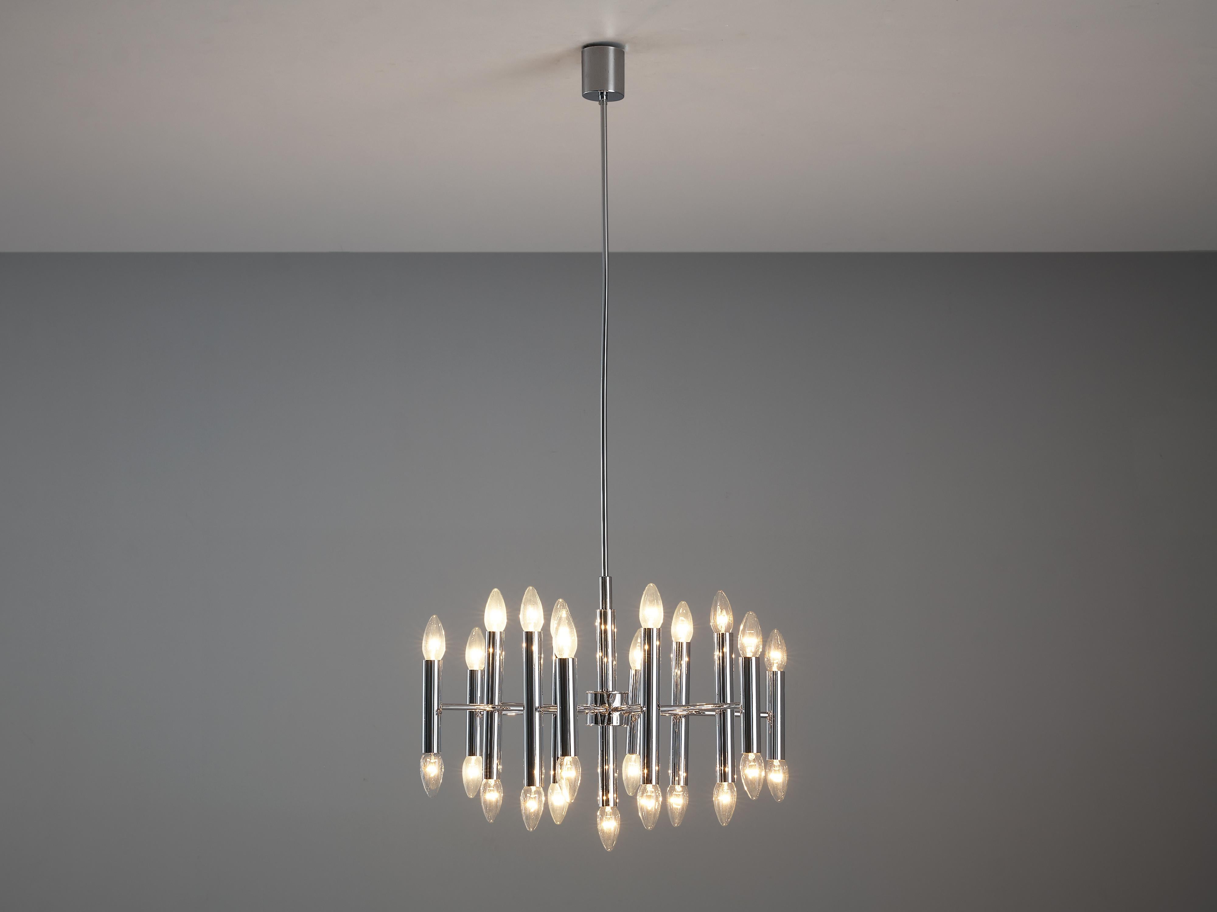 Chandelier, chrome-plated metal, Europe, 1960s 

This subtle and modern chandelier features elegant long shaped chrome tubes which are attached to a frame creating a well-balanced spatial arrangement. All tubes are equipped with two light-points,