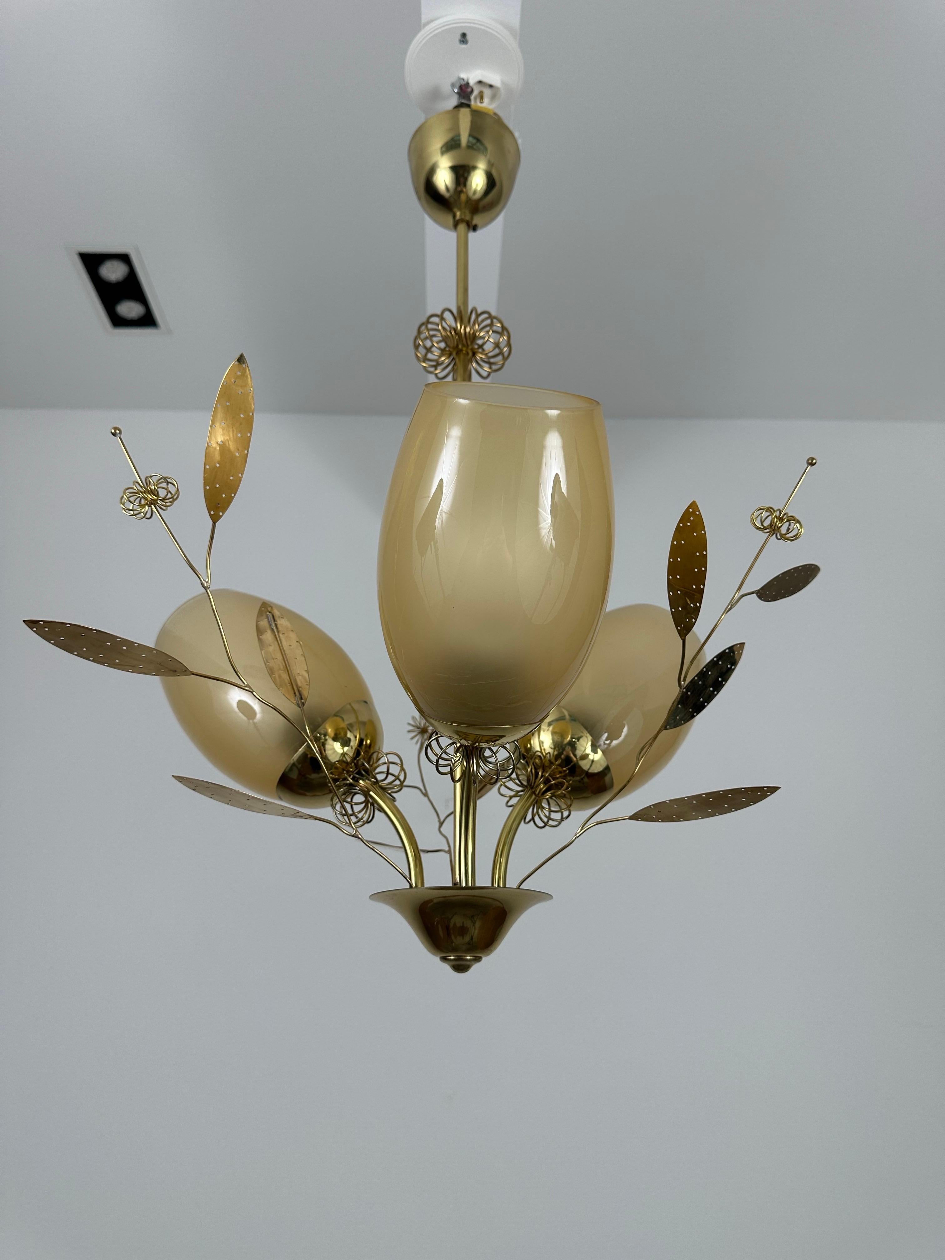 Beautiful Itsu Chandelier / Pendant Ceiling Light, Finland, 1950s. Absolutely gorgeous brass details in Paavo Tynell style.  Manufactured and marked Itsu. Very good vintage condition. Local re-wiring recommended prior to use. 