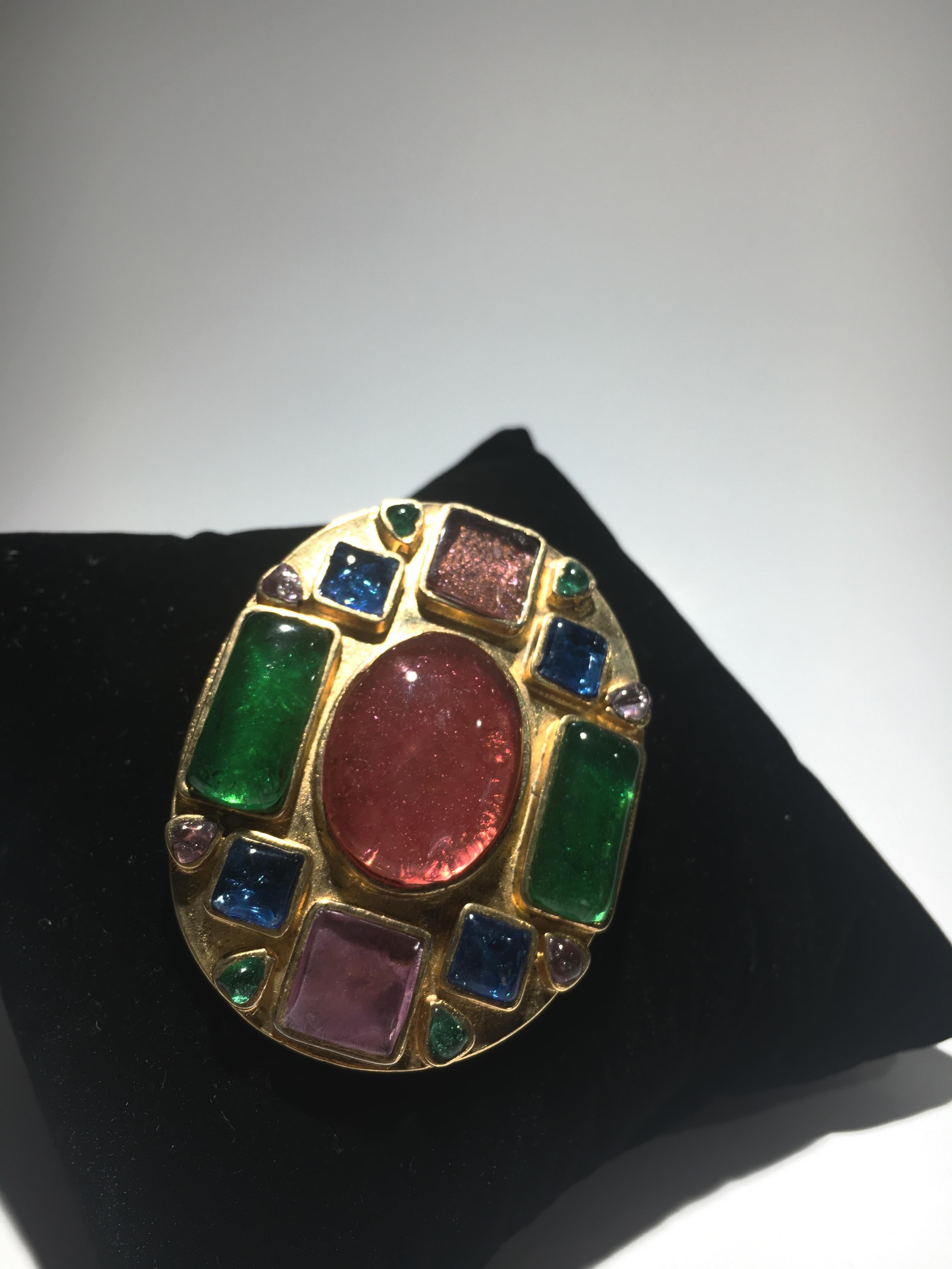 Classical Greek Beautiful Chanel Multi Colored Stone Broach With Chanel Box