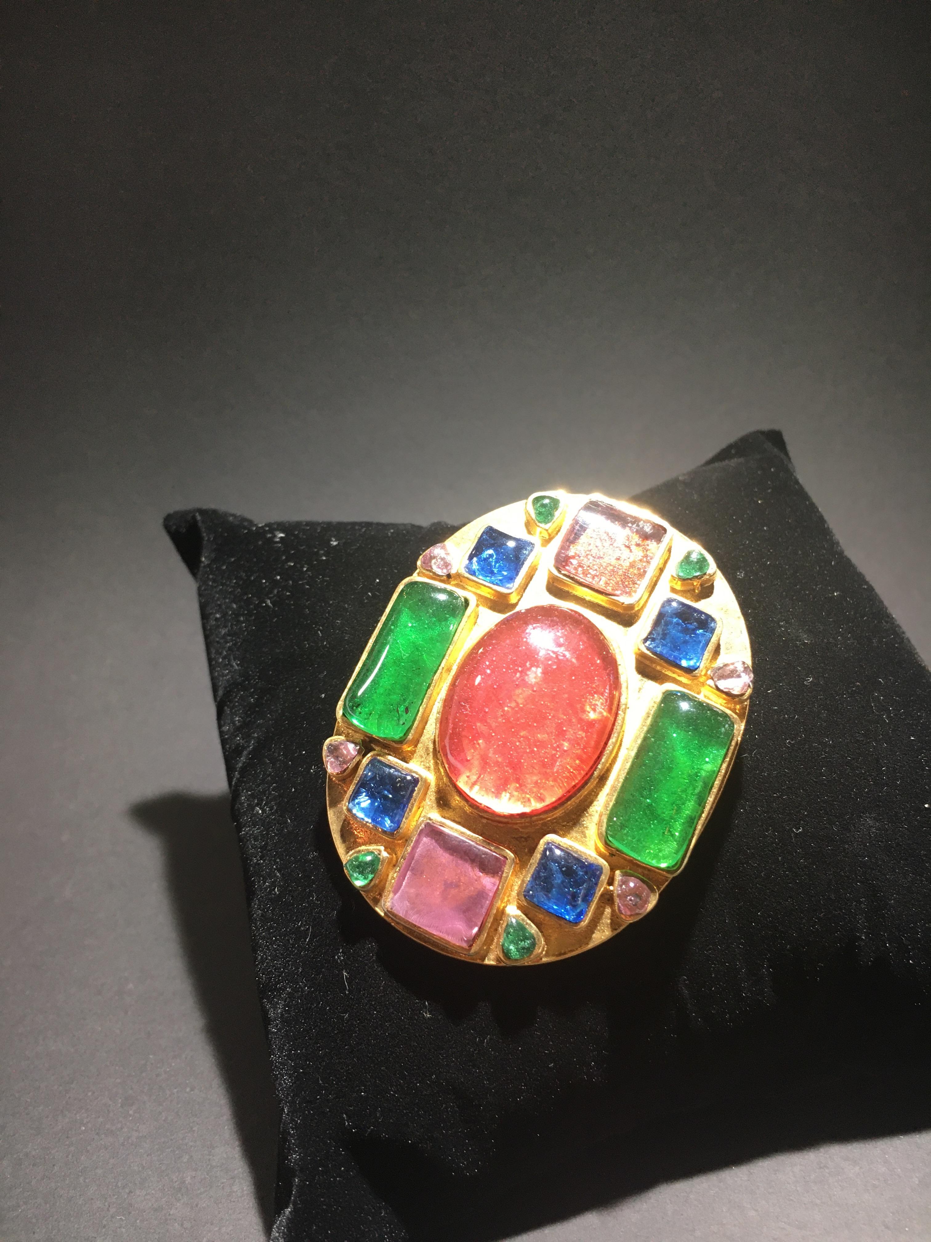 Beautiful Chanel Multi Colored Stone Broach With Chanel Box In Excellent Condition In Buchanan, MI