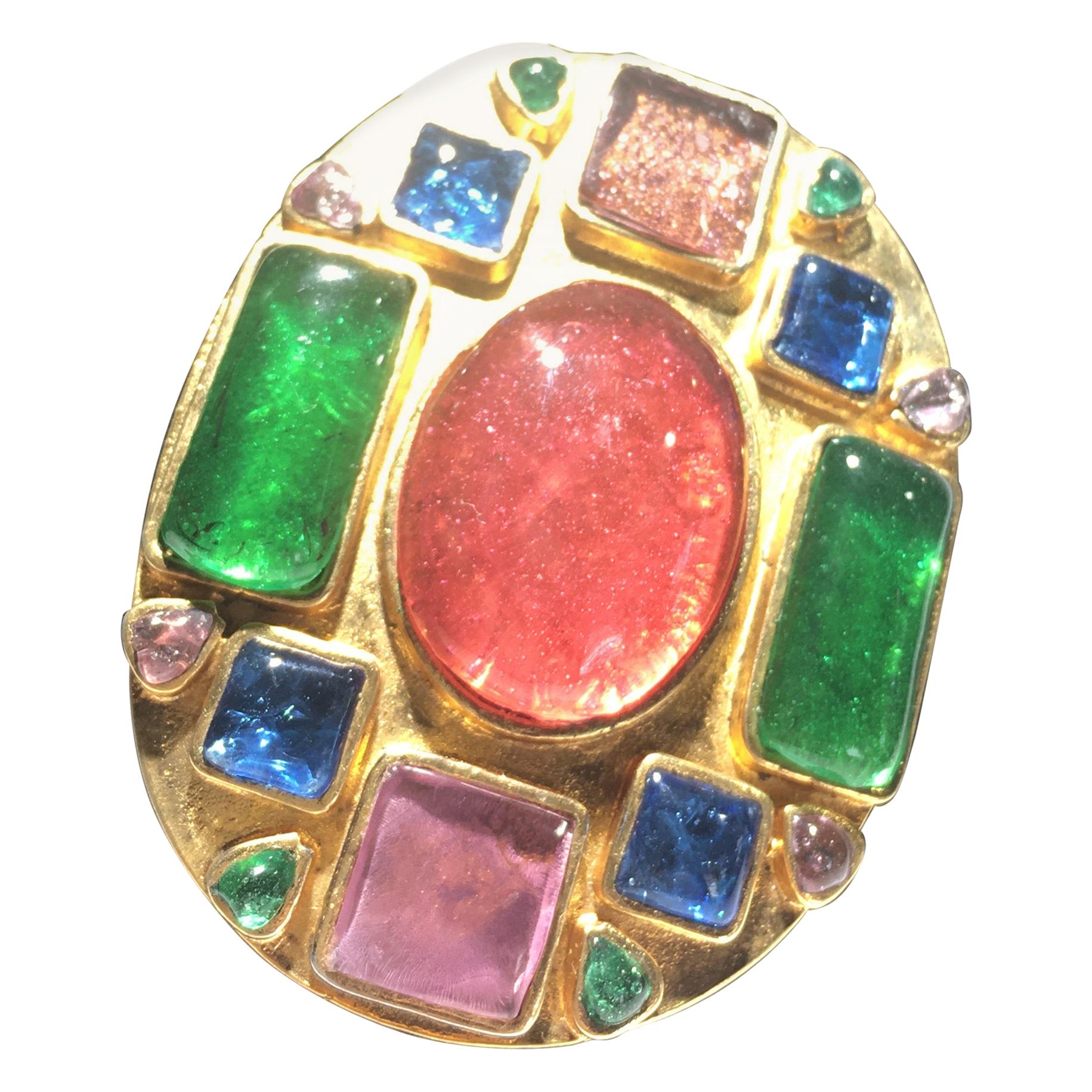Beautiful Chanel Multi Colored Stone Broach With Chanel Box