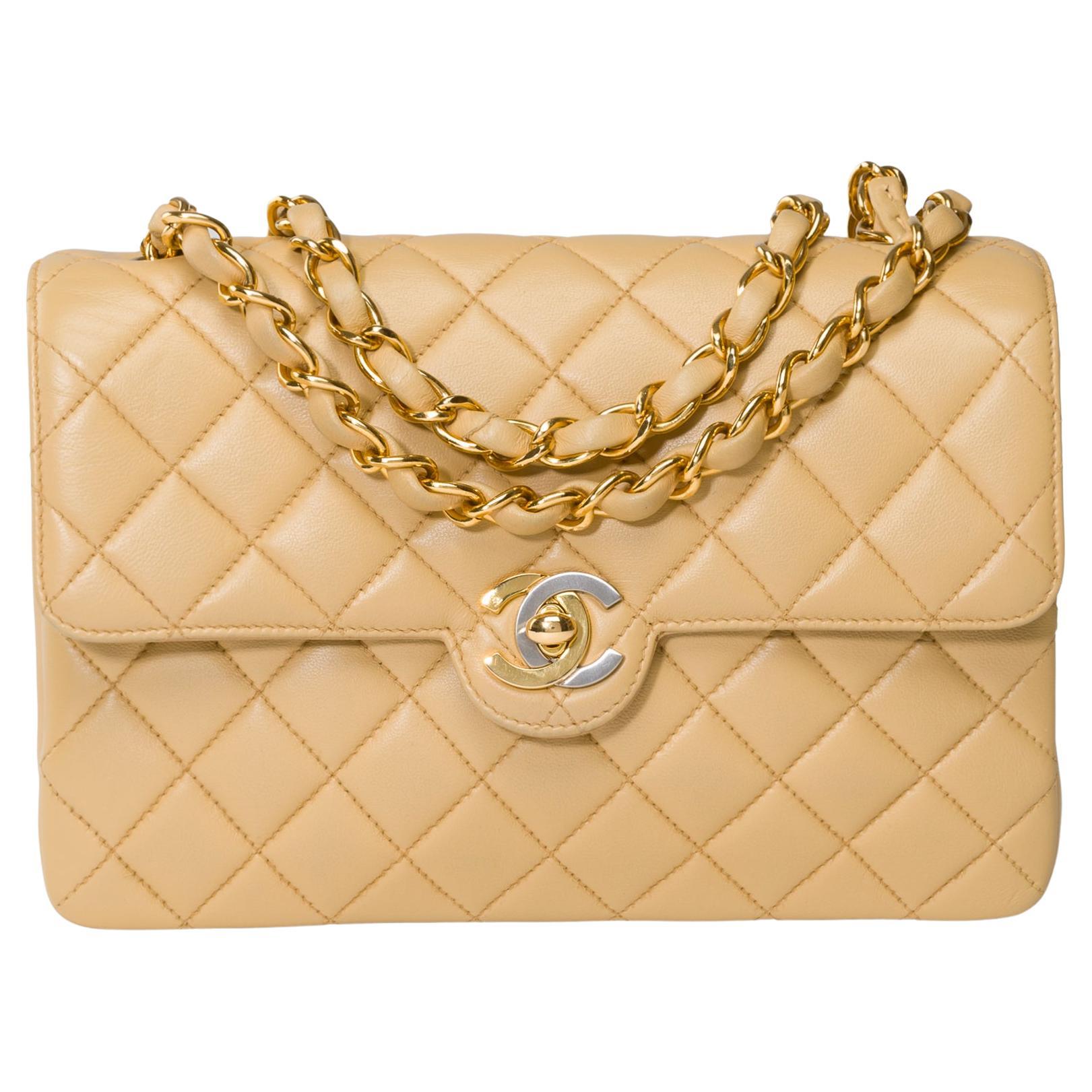 Beautiful Chanel Timeless Mini shoulder Flap bag in beige quilted lambskin, GHW For Sale