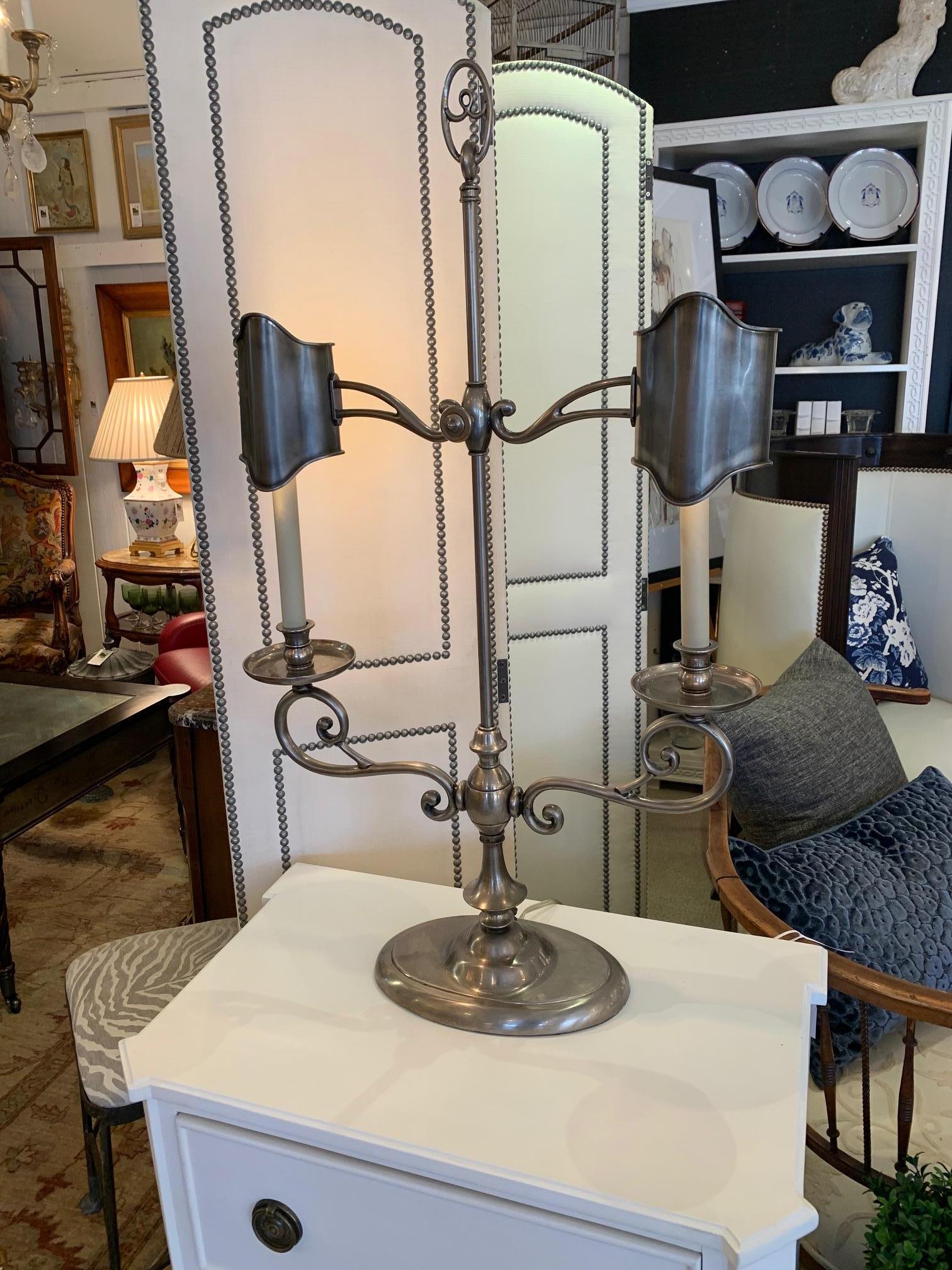 Handsome tall pewter table lamp having two arms and beautiful style by iconic lighting manufacturer Chapman.