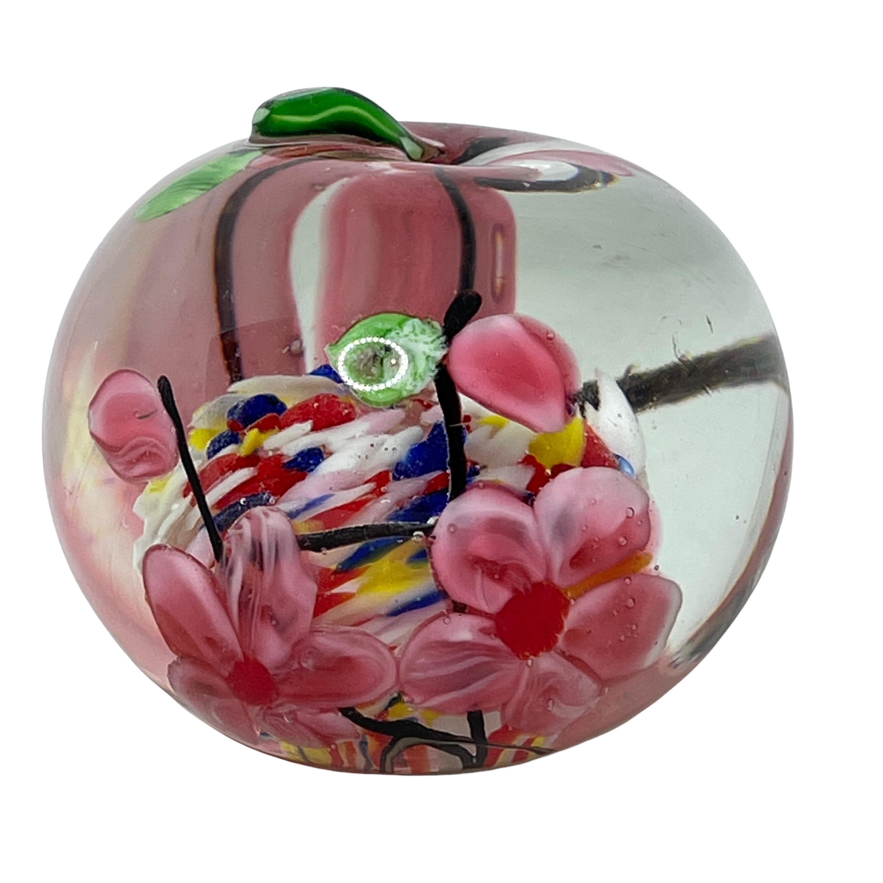 Mid-Century Modern Beautiful Cherry Blossoms in an Apple Murano Glass Paperweight Italy For Sale