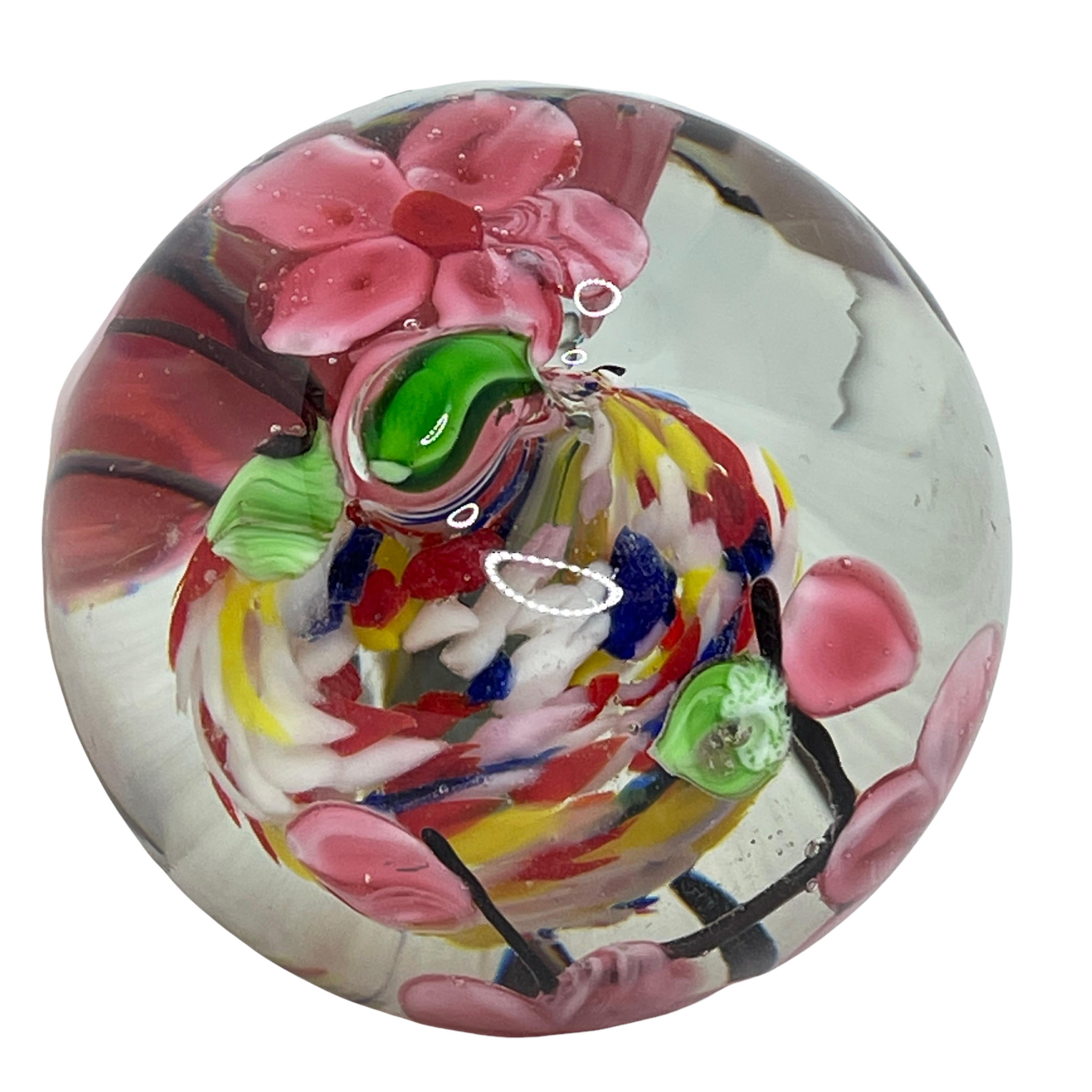 Italian Beautiful Cherry Blossoms in an Apple Murano Glass Paperweight Italy For Sale