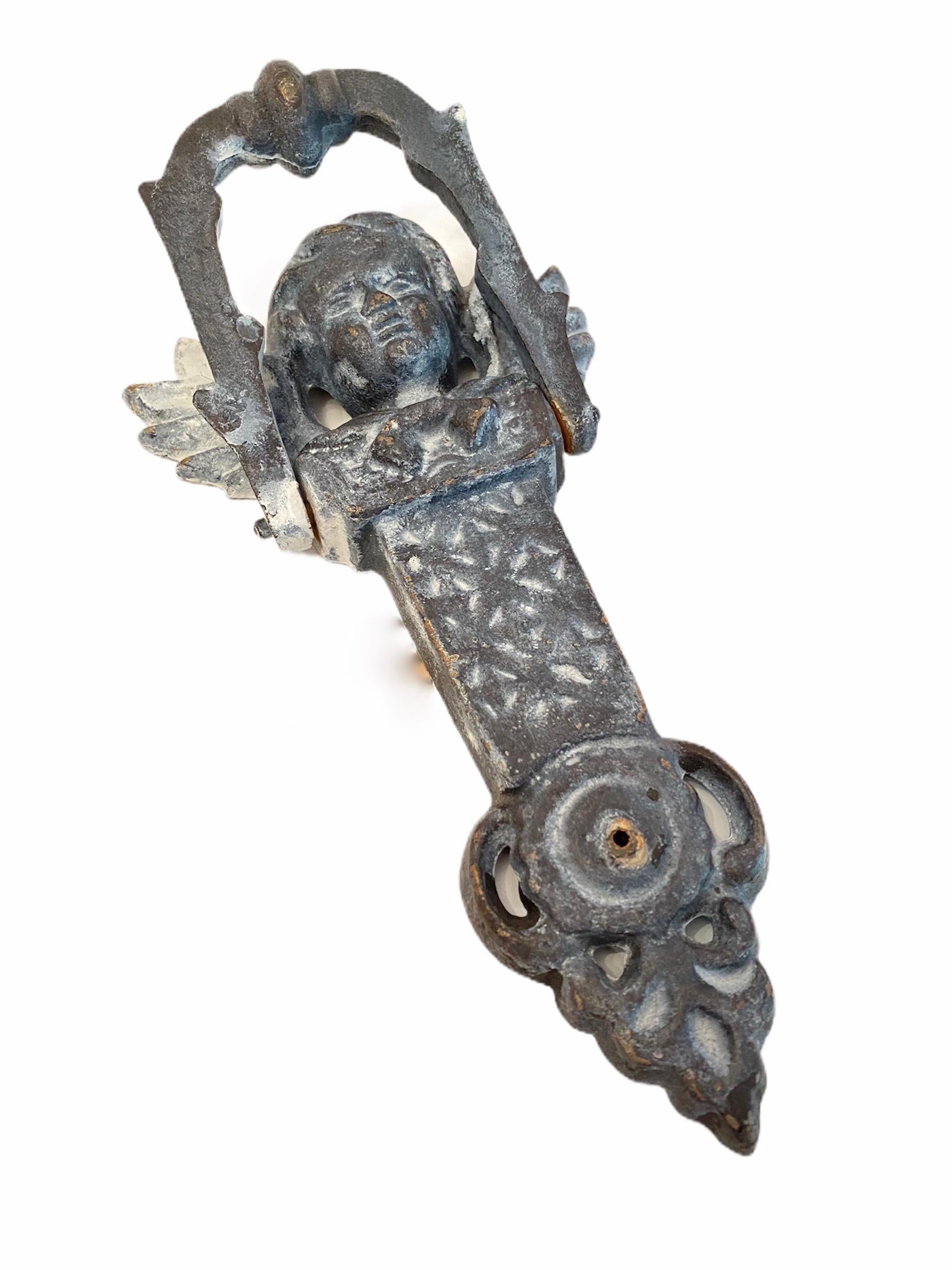 Metal Beautiful Cherub Angel Head Door Knocker, Cast Iron, German, 19th Century