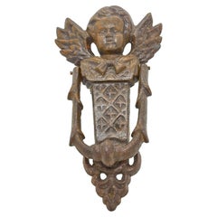 Antique Beautiful Cherub Angel Head Door Knocker, Cast Iron, German, 19th Century