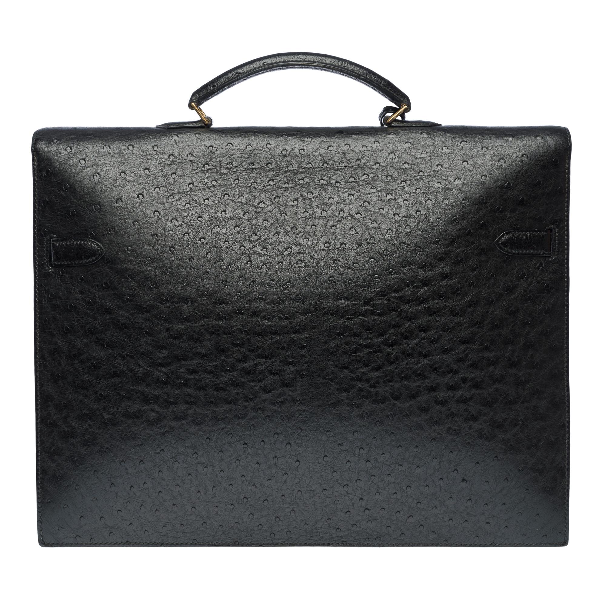 Black Beautiful & Chic Hermès Ostrich Kelly Dépêches black briefcase, GHW