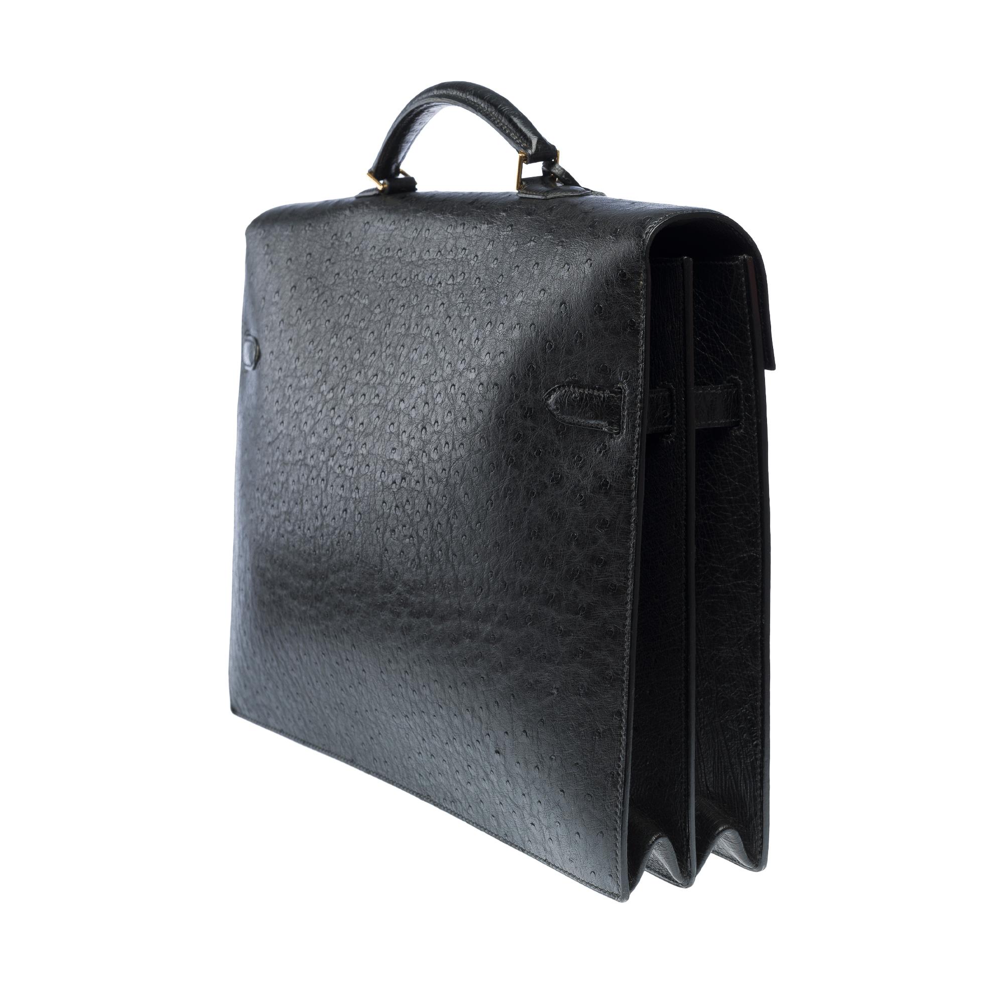 Men's Beautiful & Chic Hermès Ostrich Kelly Dépêches black briefcase, GHW