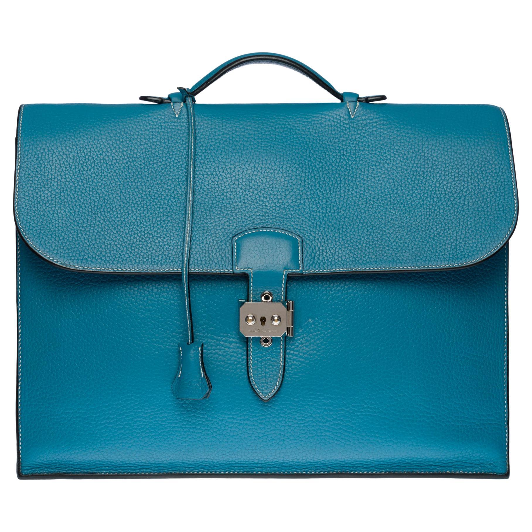 Beautiful & Chic Hermès Sac à dépêches briefcase in Togo Blue Jeans leather, SHW
