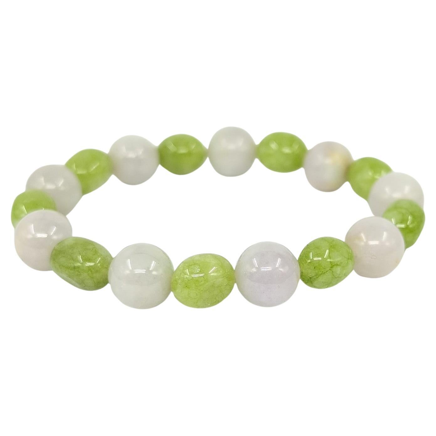 Beautiful Chinese White Jadeite and Green Jade Beaded Bracelet up to 7" wrist